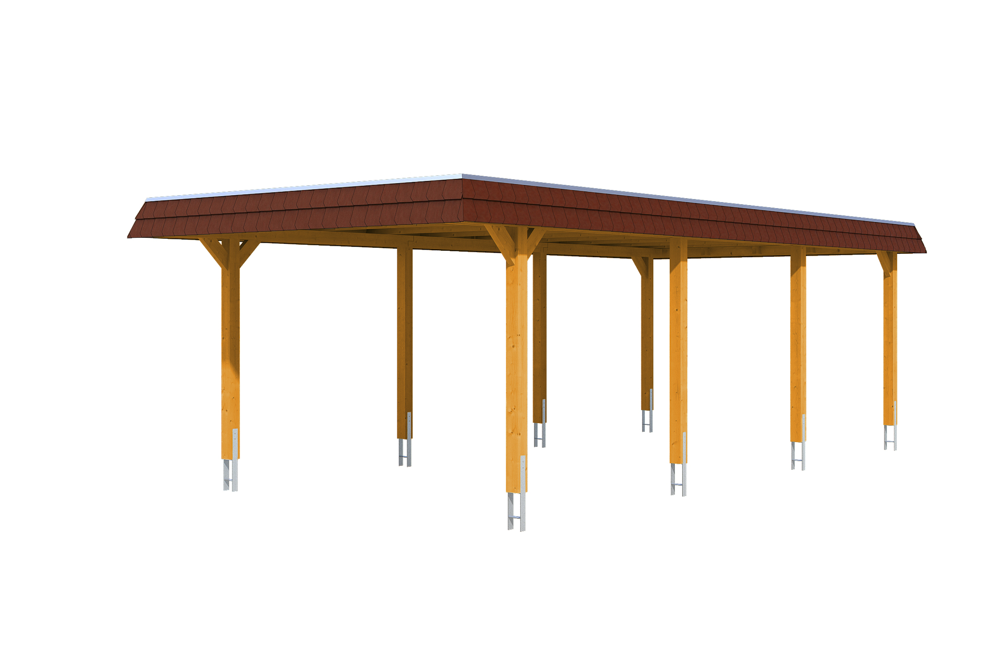 Produktbild: Carport Wendland 409 x 870 cm, mit roter Blende, farblich behandelt in eiche hell