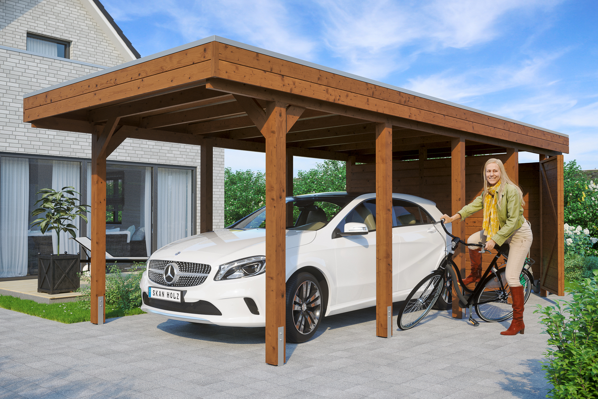 Ambientebild: Carport Friesland 314 x 708 cm, mit Abstellraum, farblich behandelt in nussbaum