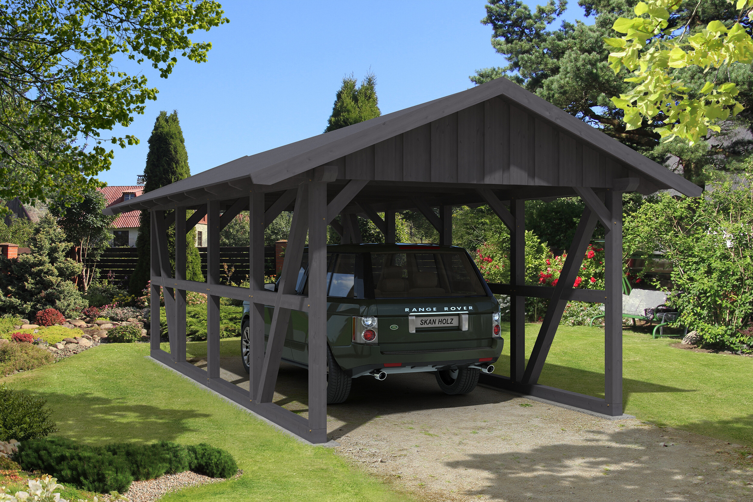 Carport SCHWARZWALD 434x772cm avec planches de toit, KVH-bois d'épinette, traitement coloré gris ardoise