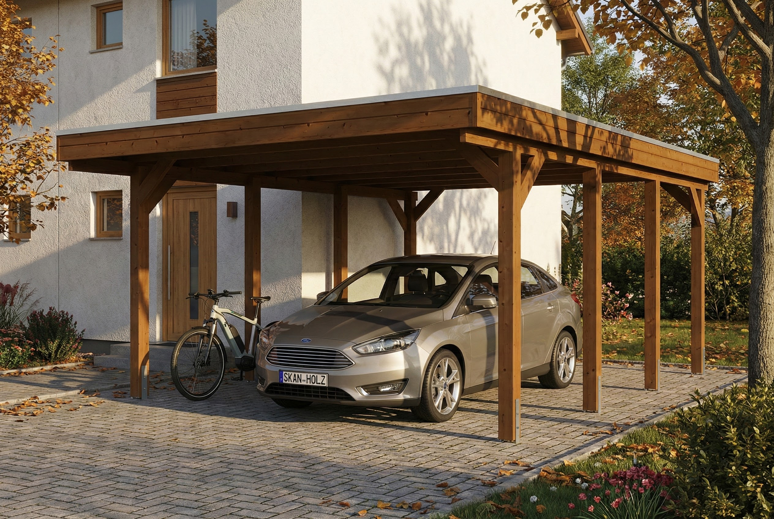 Carport Friesland 402 x 555 cm, met dakplaten, walnoot