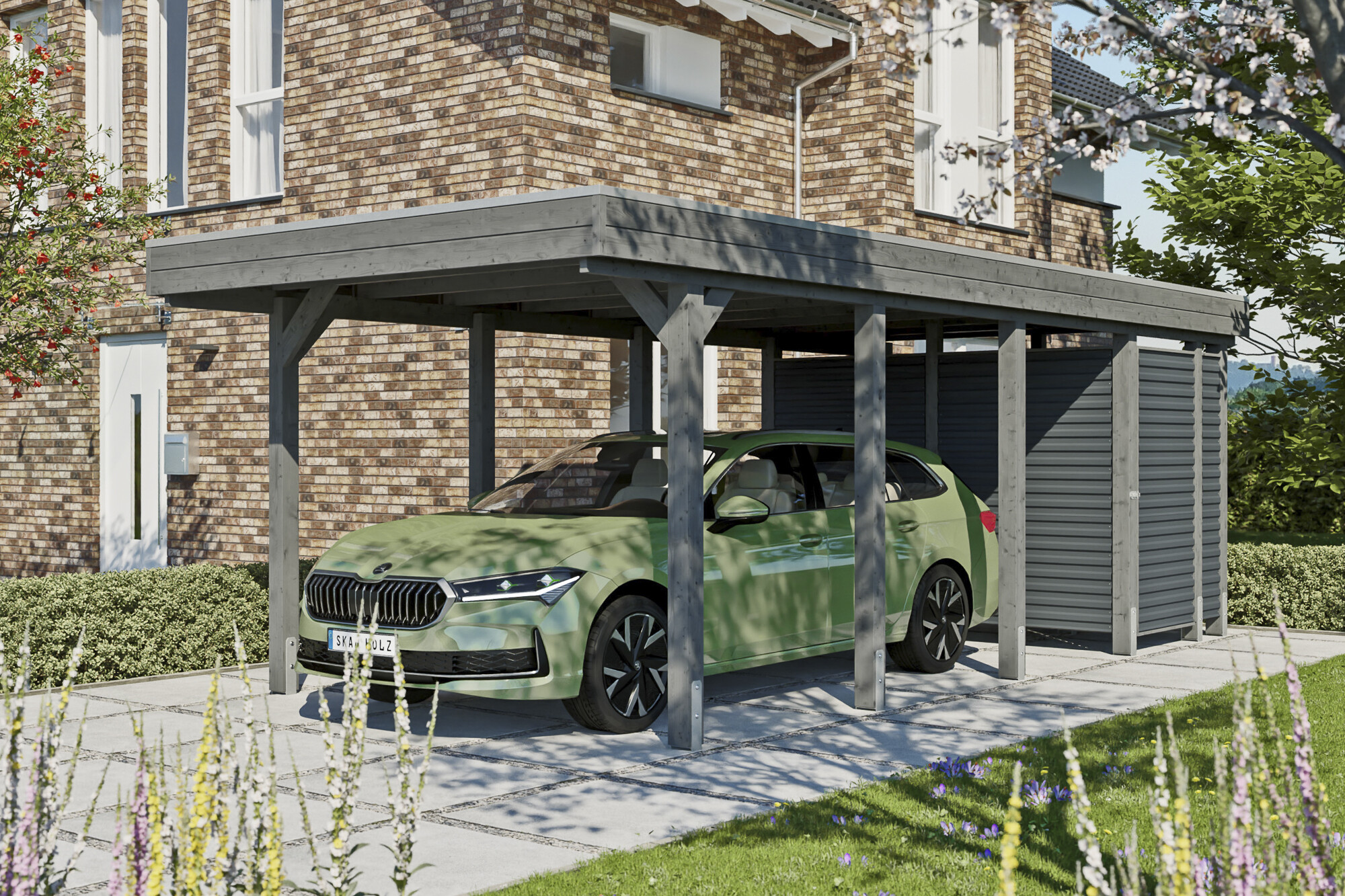 Carport Friesland Hybrid Set 12, 314 x 708 cm, met bergruimte, gelakt in leigrijs, met Aluminium dakplaten