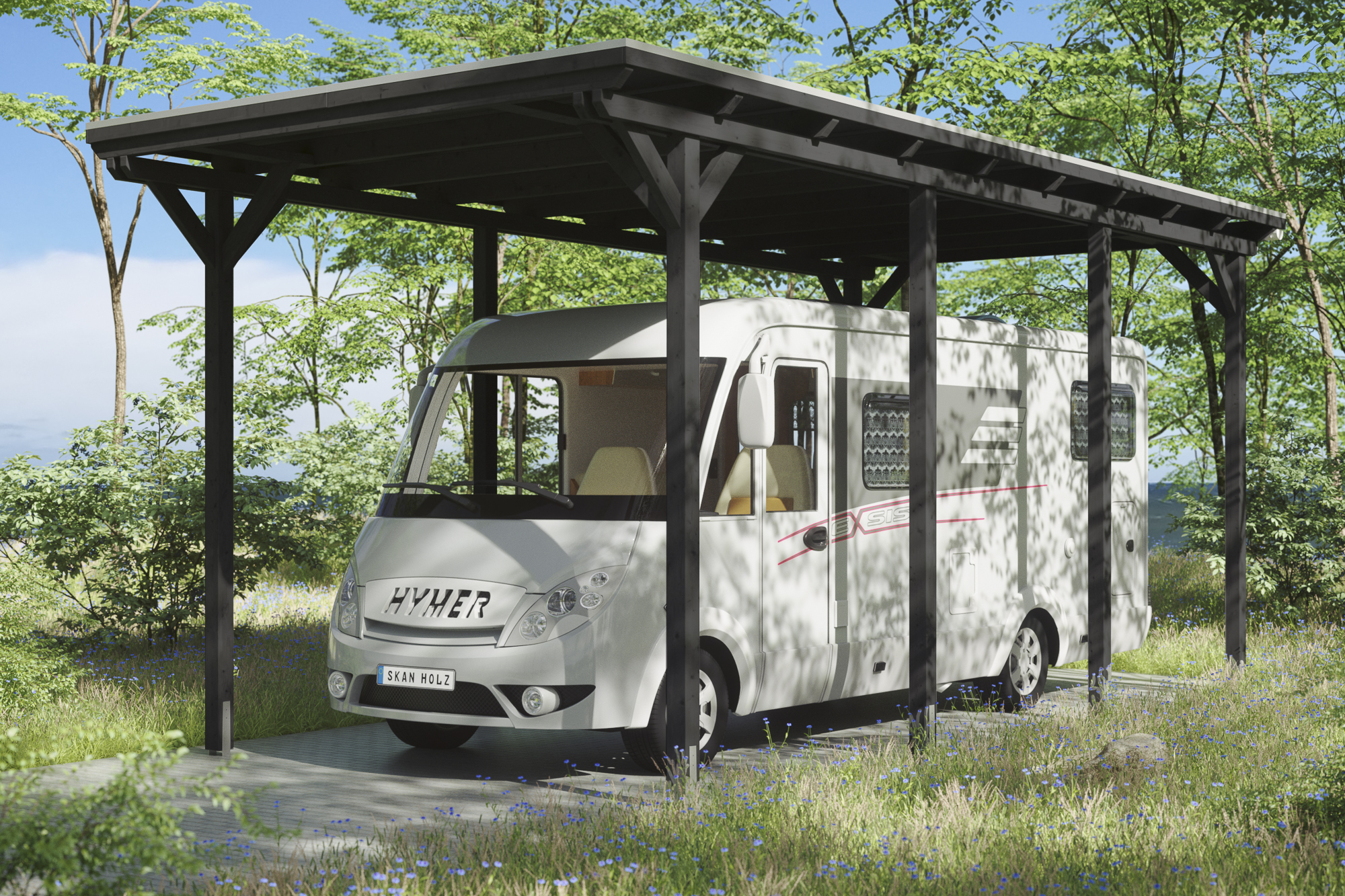 Ambientebild: Carport Emsland Caravan 404 x 846 cm, farblich behandelt in anthrazit