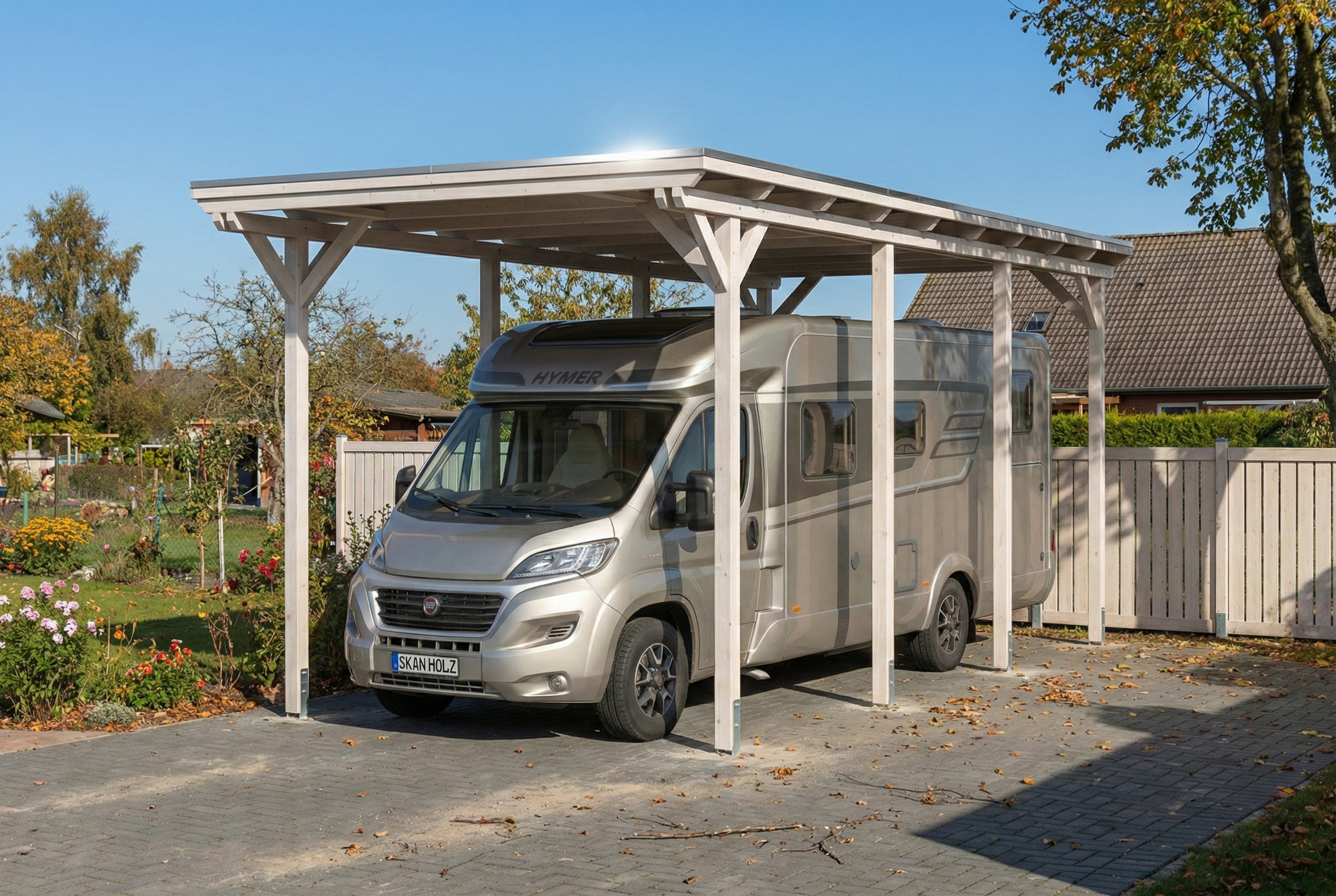 Carport Emsland Caravan 402 x 846 cm, panneaux de toit en acier avec voile de condensation antique, blanc