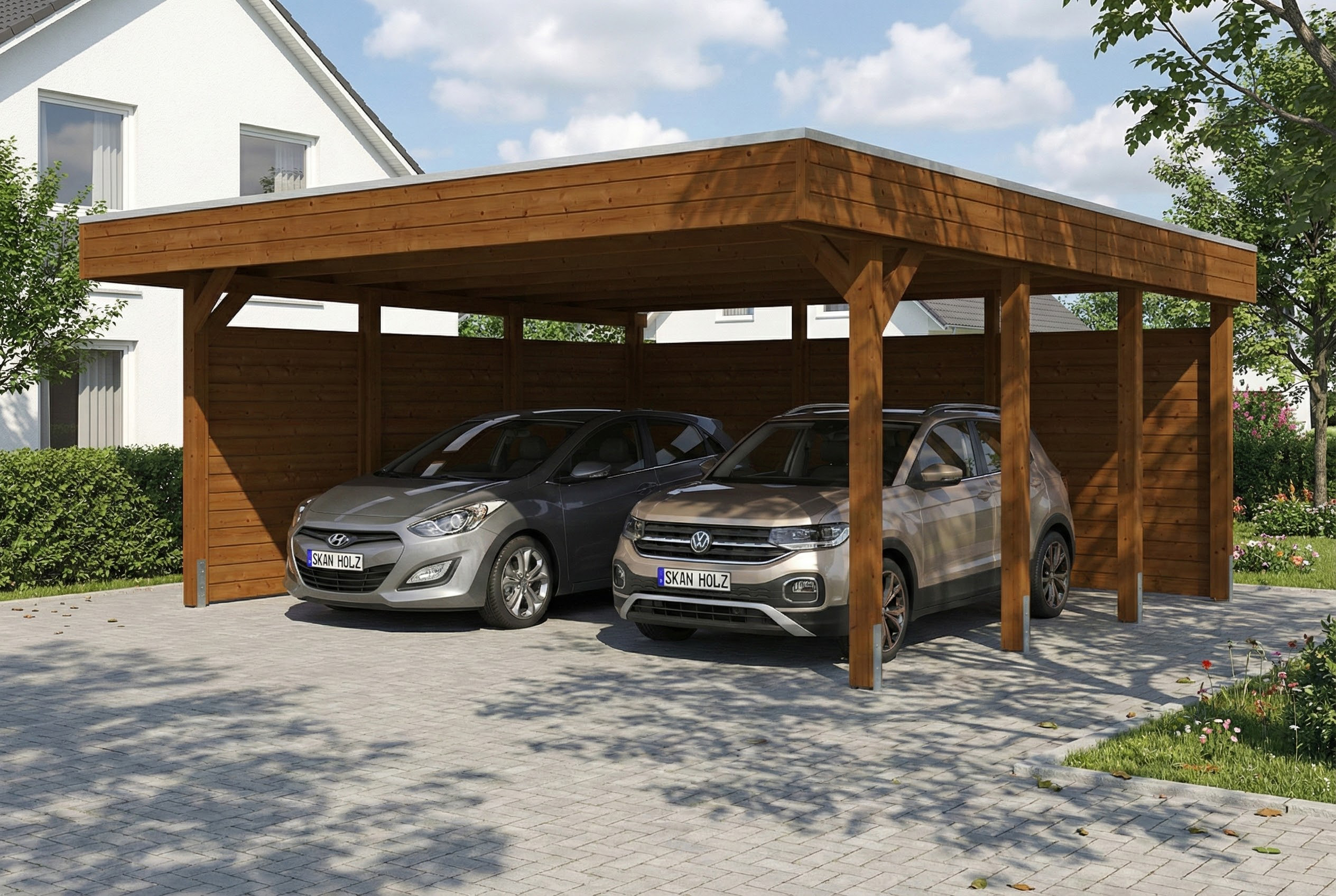 Carport Friesland Set C, 546 x 555 cm, mit Seiten- und Rückwand, nussbaum