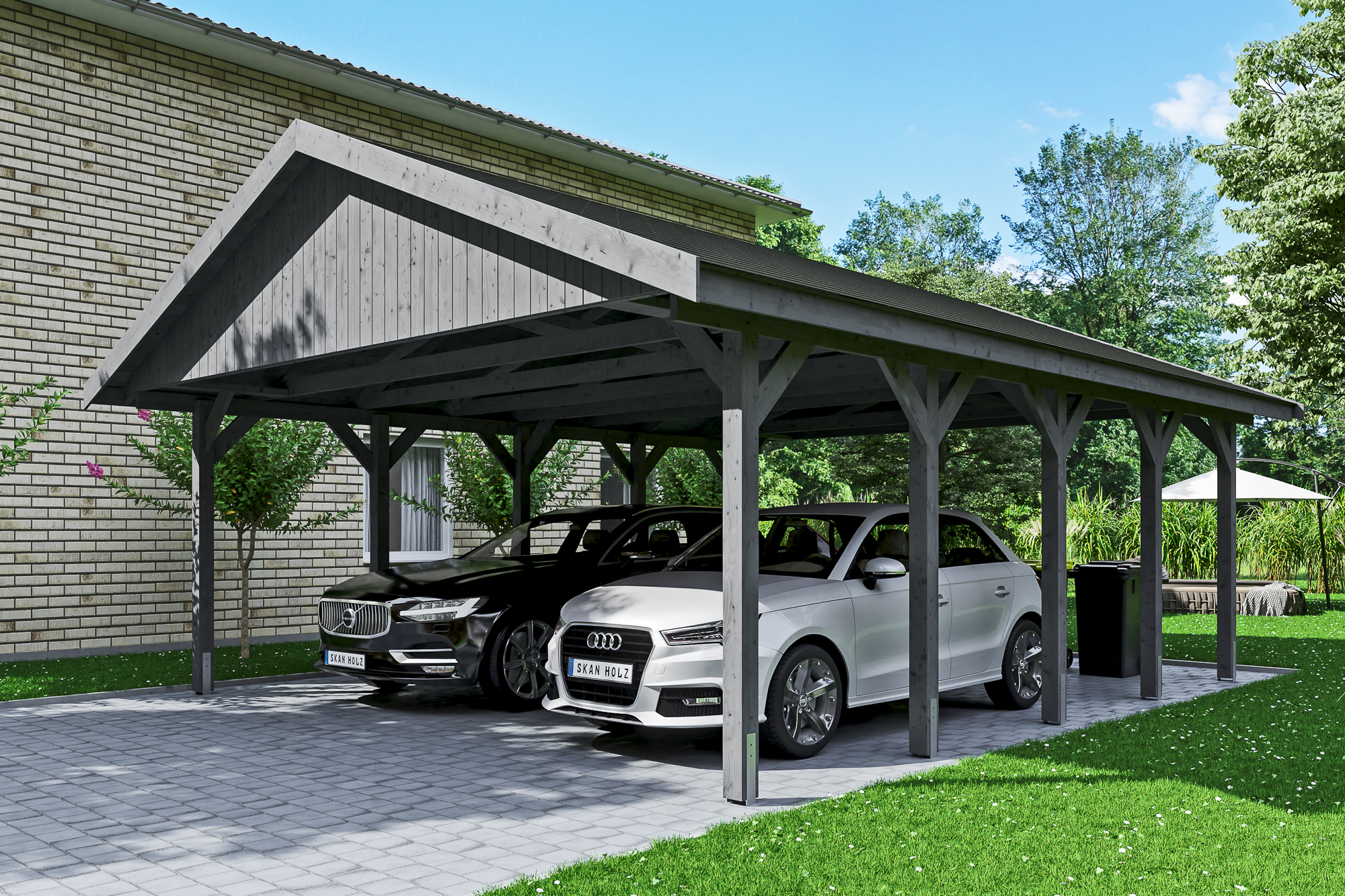 Ambientebild: Carport Wallgau 620 x 750 cm, mit schwarzen Dachschindeln, farblich behandelt in schiefergrau