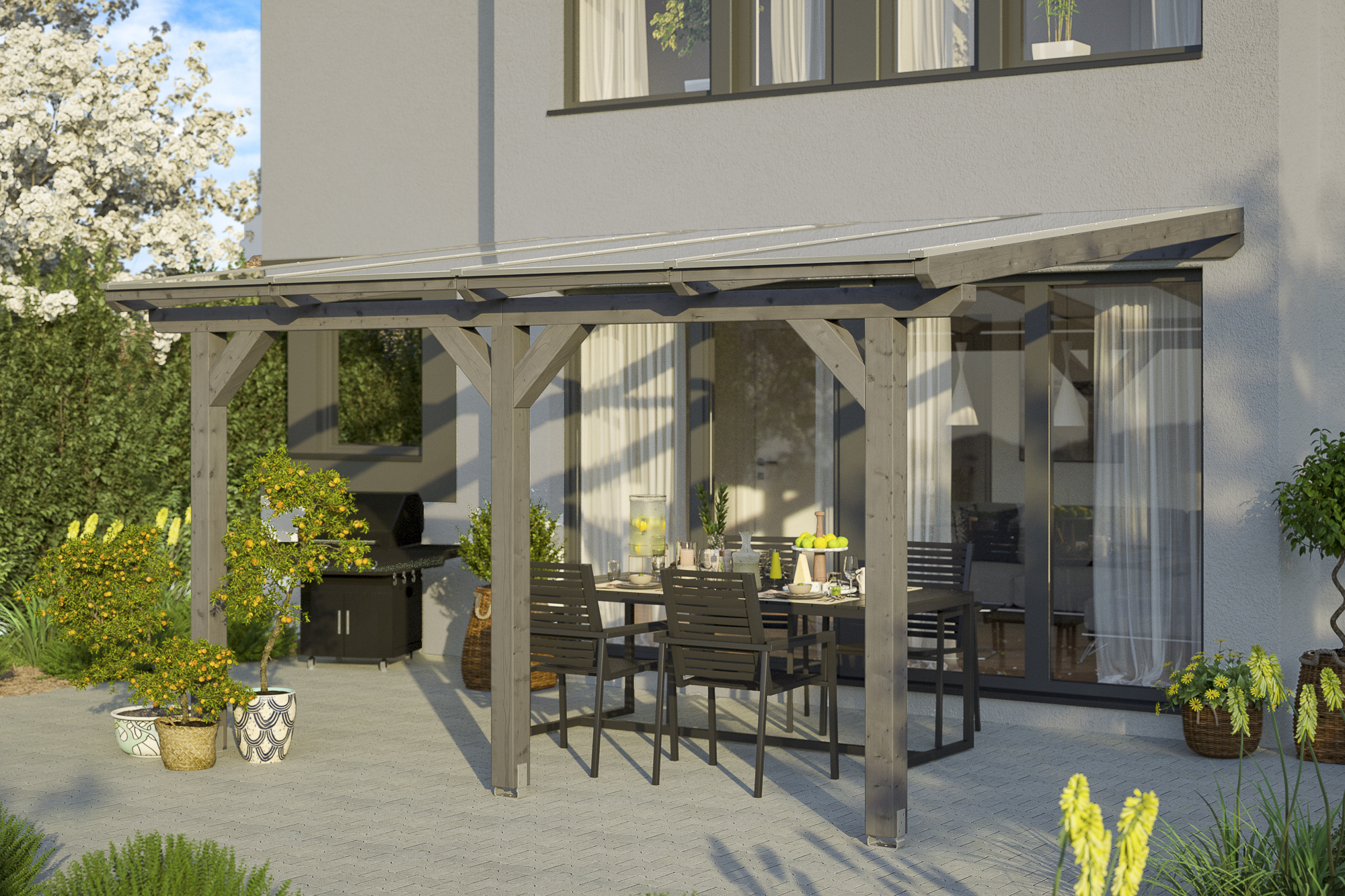 Terrasoverkapping Bormio 434 x 400 cm, gelamineerd hout, gelakt in leigrijs