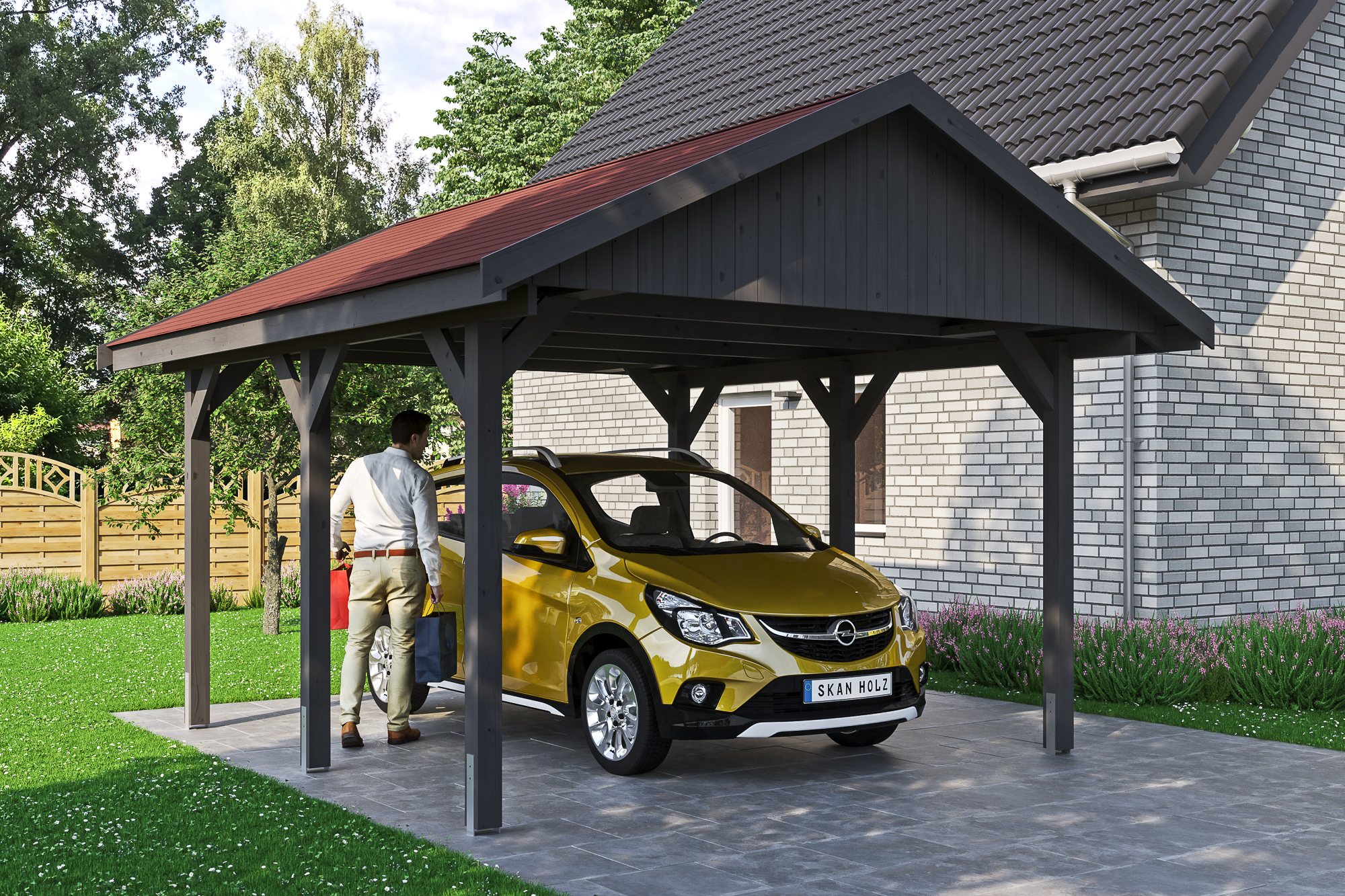 Ambientebild: Carport Wallgau 430 x 500 cm, mit roten Dachschindeln, farblich behandelt in schiefergrau