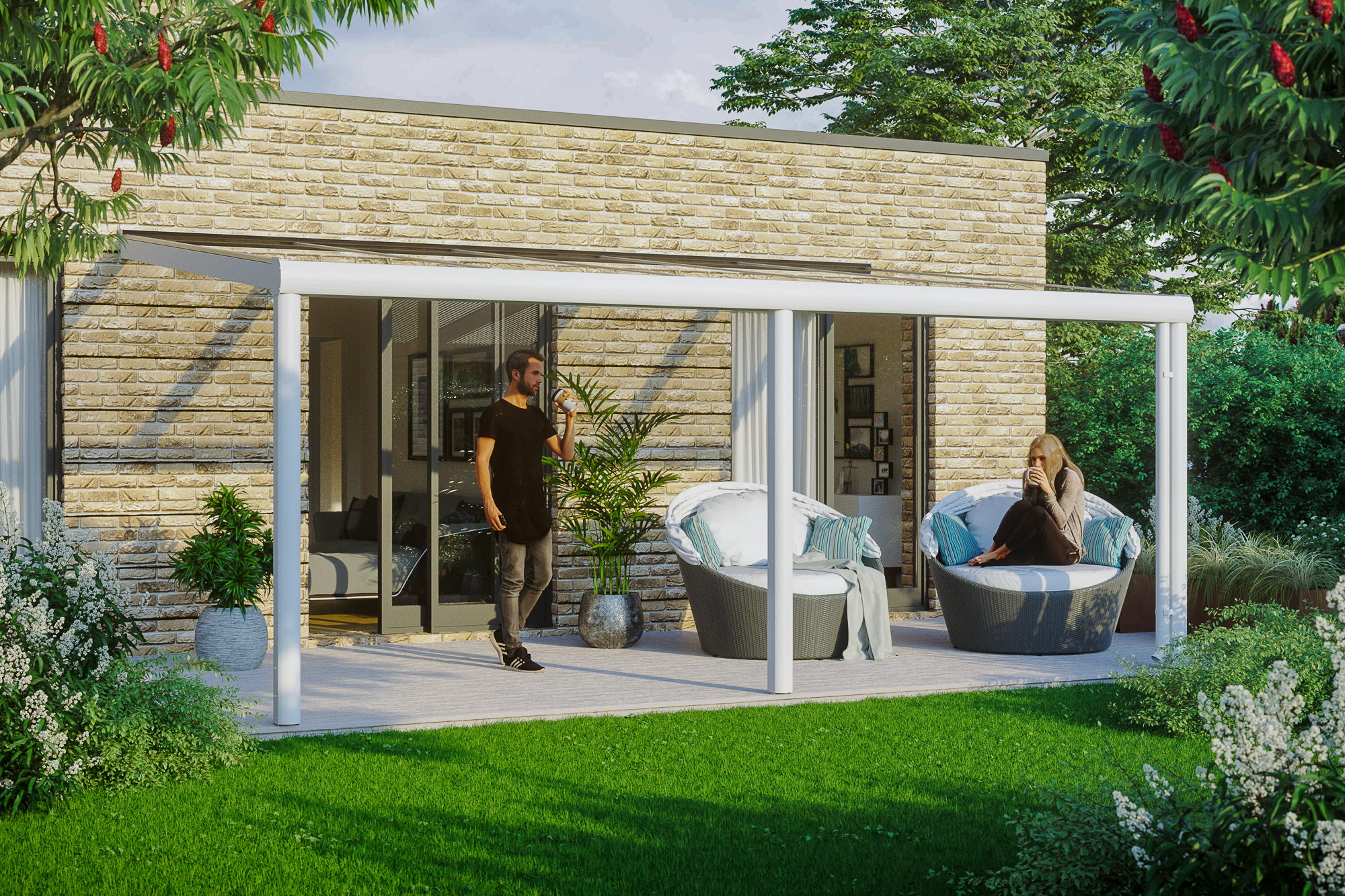 Ambientebild: Terrassenüberdachung Garda, Breite 541 cm, farblich behandelt in weiß