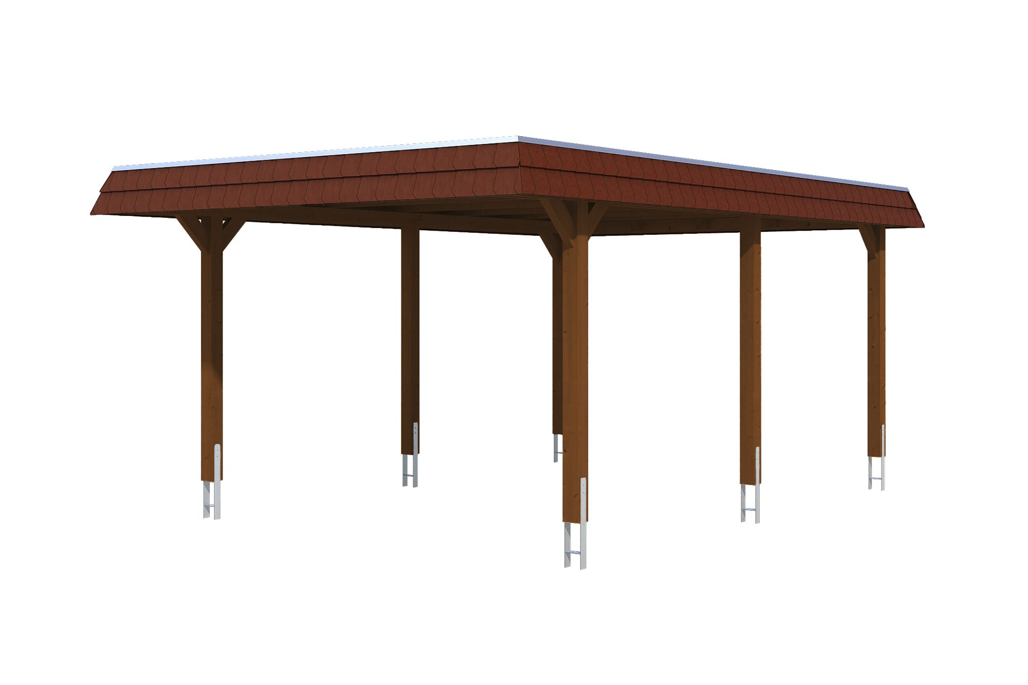 Produktbild: Carport Wendland 409 x 628 cm, mit roter Blende, farblich behandelt in nussbaum