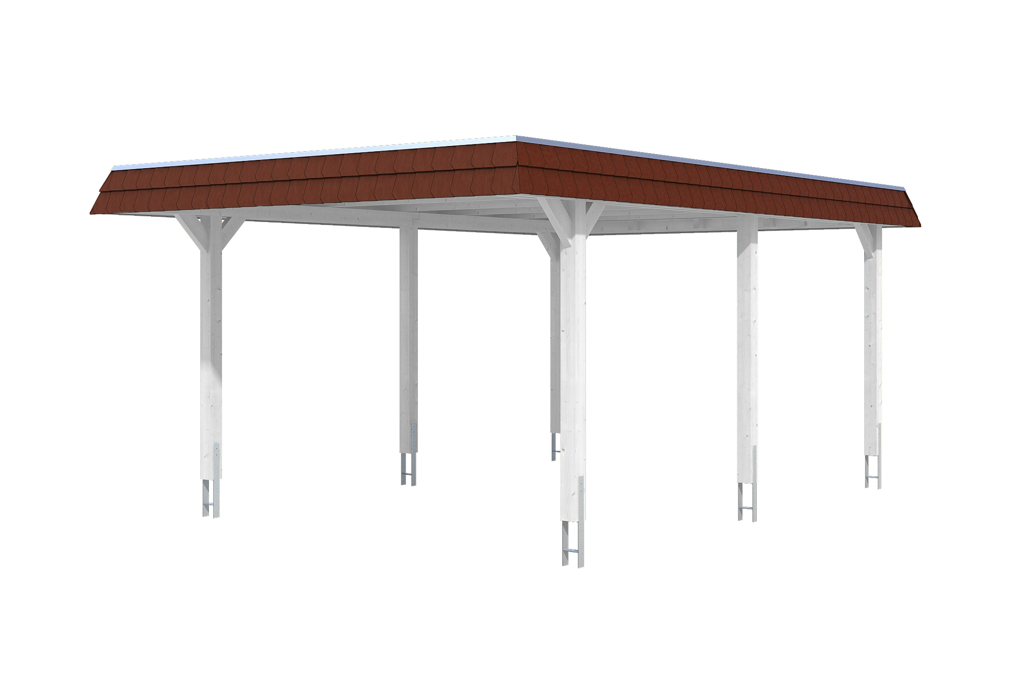 Produktbild: Carport Wendland 409 x 628 cm, mit roter Blende, farblich behandelt in weiß
