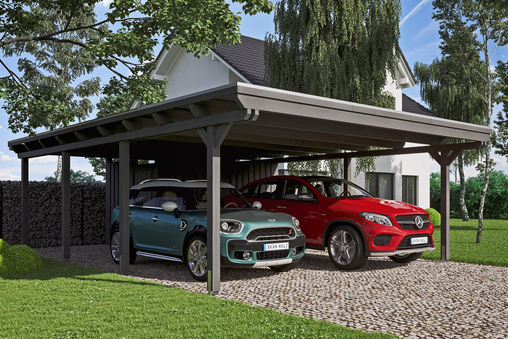 Ambientebild: Carport Emsland 613 x 846 cm mit Abstellraum, farblich behandelt in schiefergrau