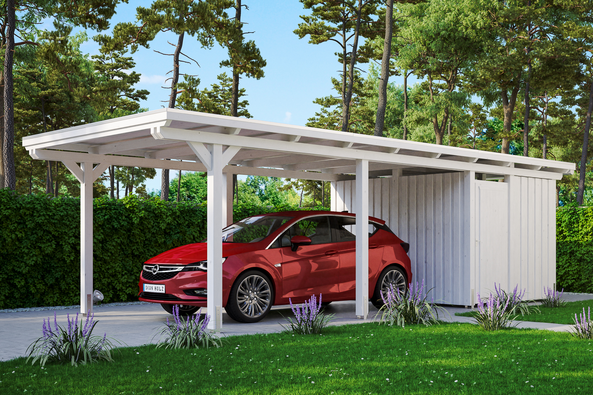 Ambientebild: Carport Emsland 354 x 846 cm mit Abstellraum, farblich behandelt in weiß