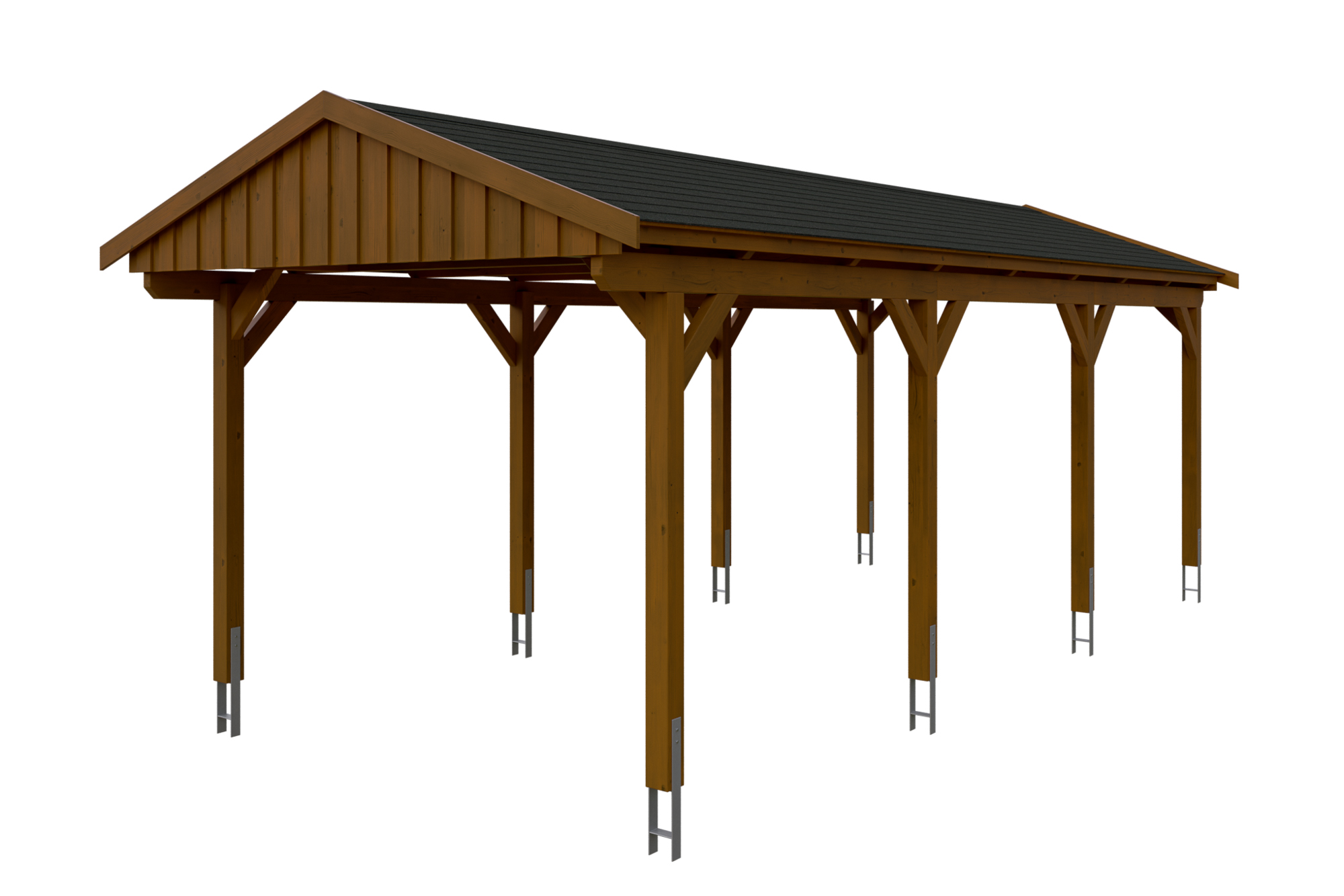 Produktbild: Carport Fichtelberg 317 x 808 cm, farblich behandelt in nussbaum, mit schwarzen Dachschindeln