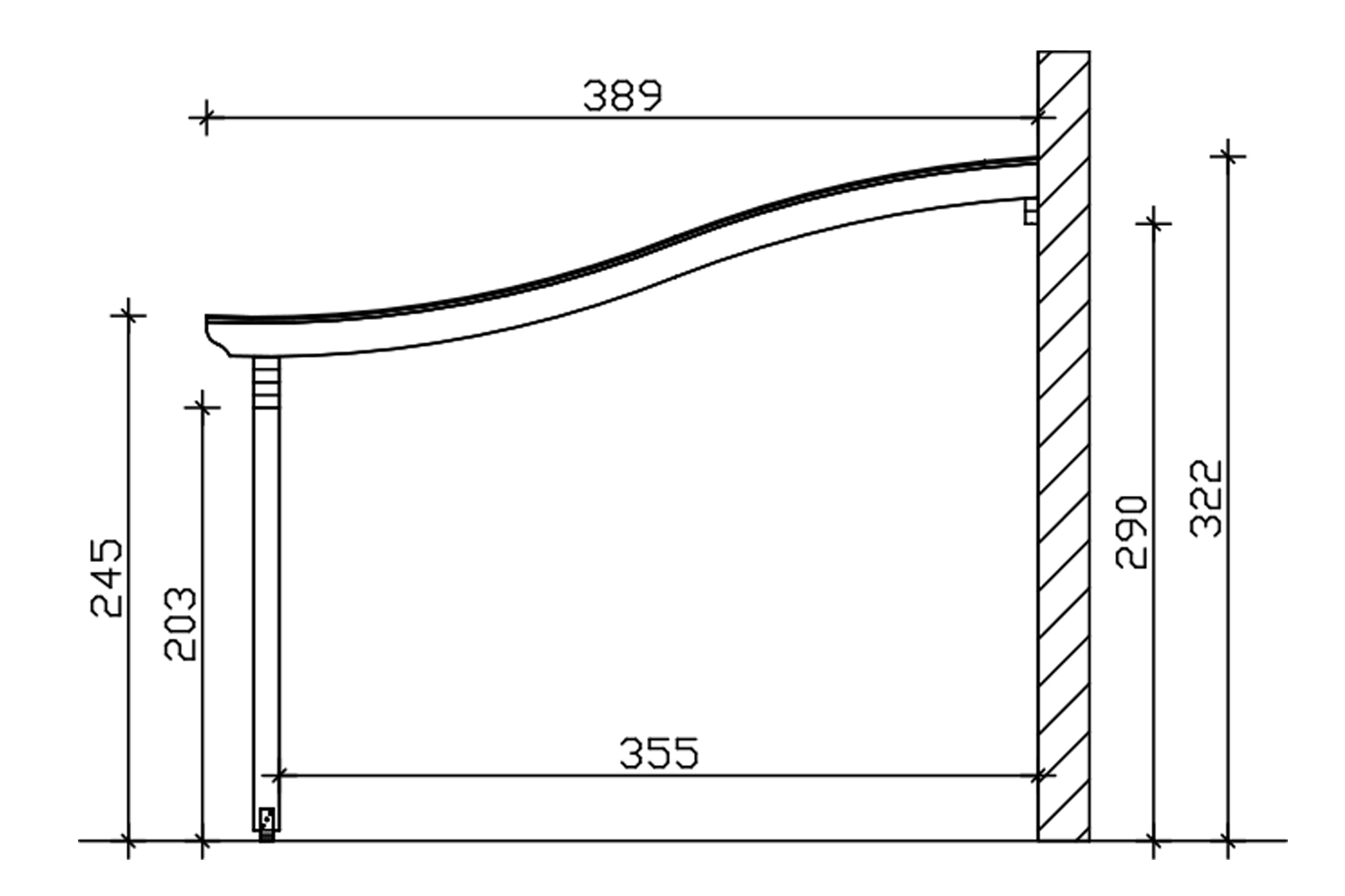 Grafik (Schnitt): Terrassenüberdachung Verona, Tiefe 389 cm