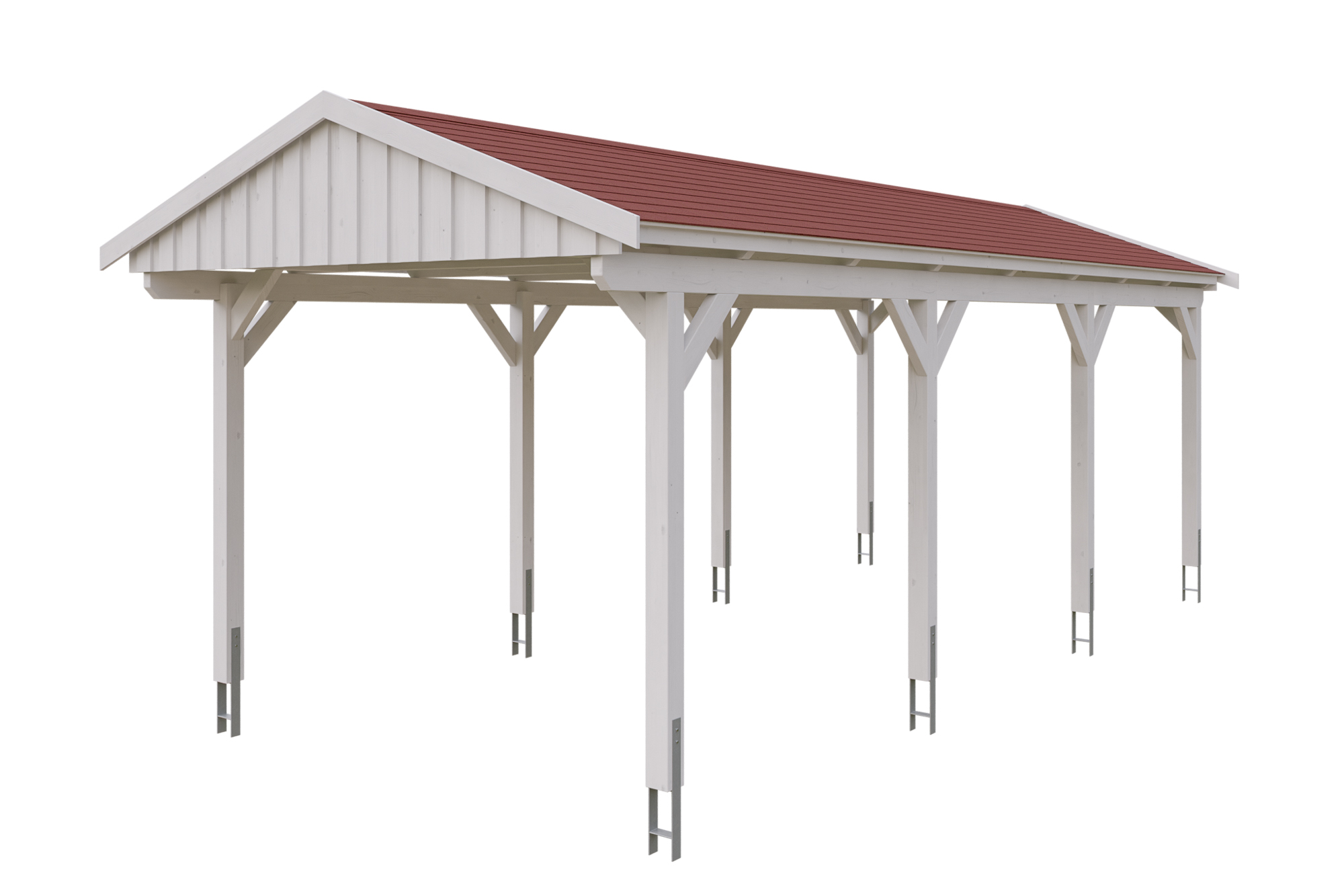 Produktbild: Carport Fichtelberg 317 x 808 cm, farblich behandelt in weiß, mit roten Dachschindeln