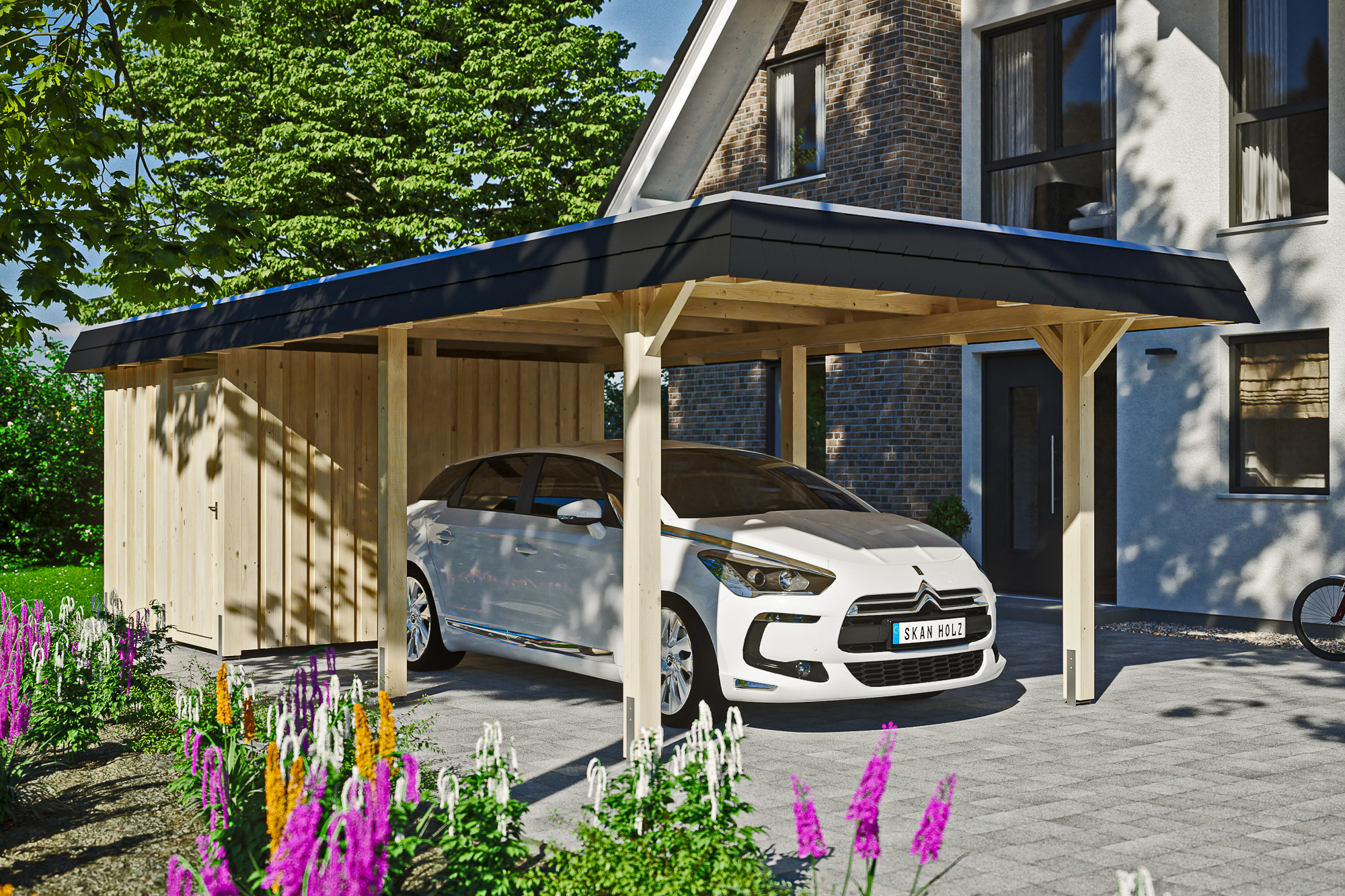 Ambientebild: Carport Wendland 362 x 870 cm, mit Abstellraum, mit schwarzer Blende