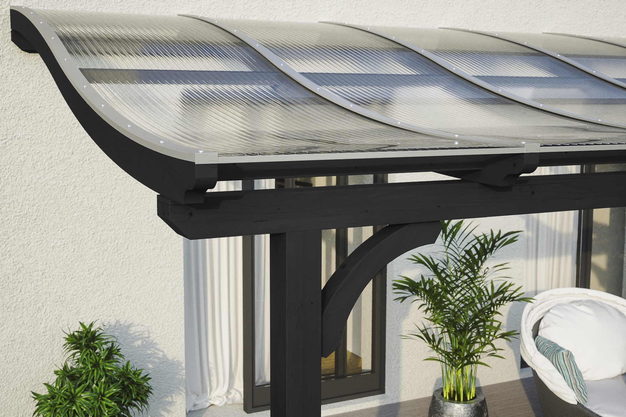 Detailbild einer Terrassenüberdachung Venezia farblich behandelt in anthrazit mit Blick seitlich auf das Dach