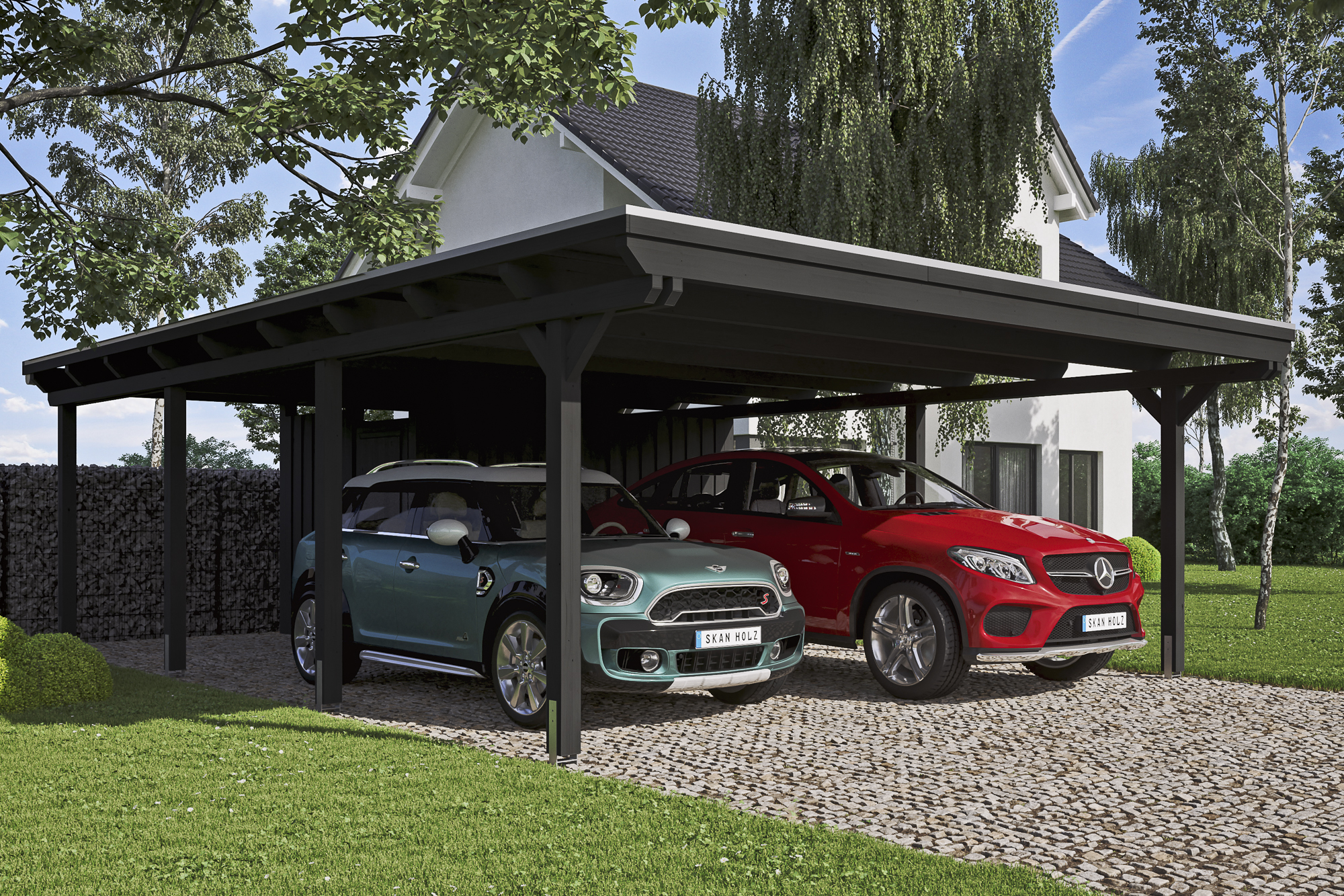 Ambientebild: Carport Emsland 613 x 846 cm mit Abstellraum, farblich behandelt in anthrazit