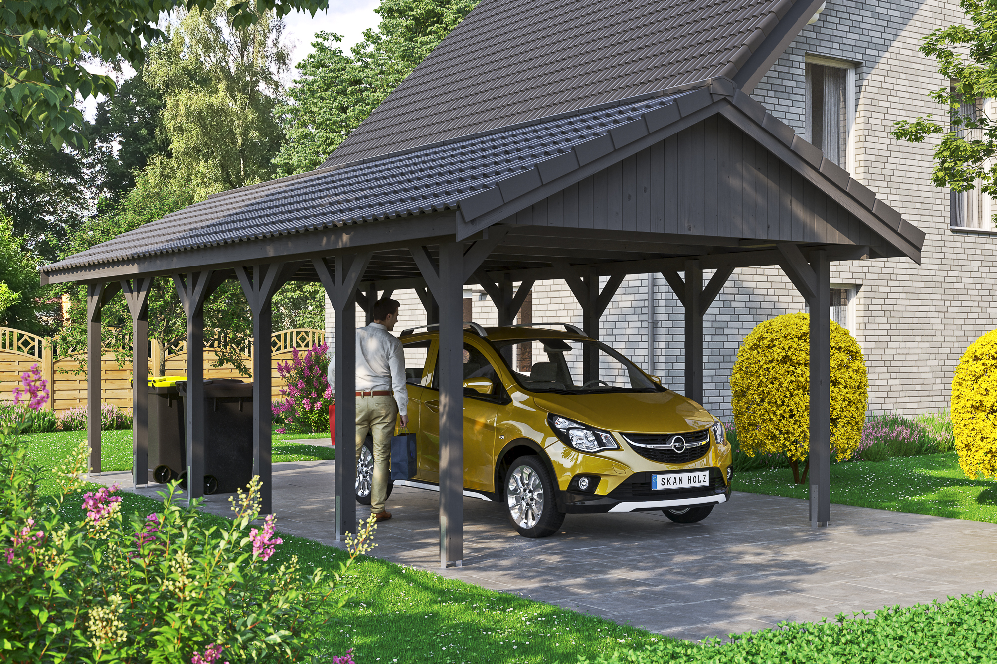 Ambientebild: Carport Wallgau 430 x 900 cm, mit Dachziegeln, farblich behandelt in schiefergrau