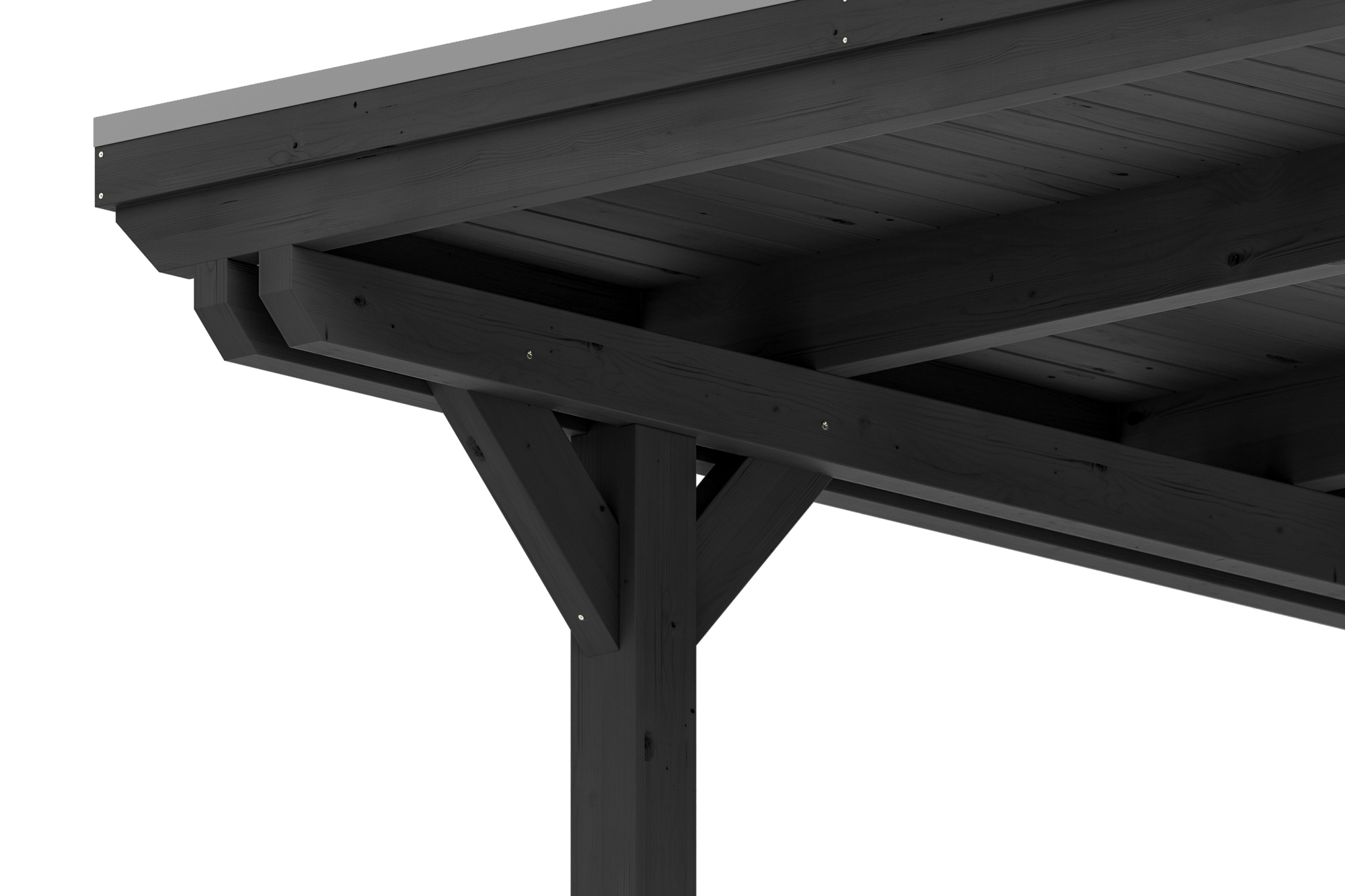 Detailbild: Konstruktion beim Carport Emsland von unten (Pfosten, Doppelpfette, Dachschalung und Blende mit Aluminiumabschlusskante), farblich behandelt in anthrazit