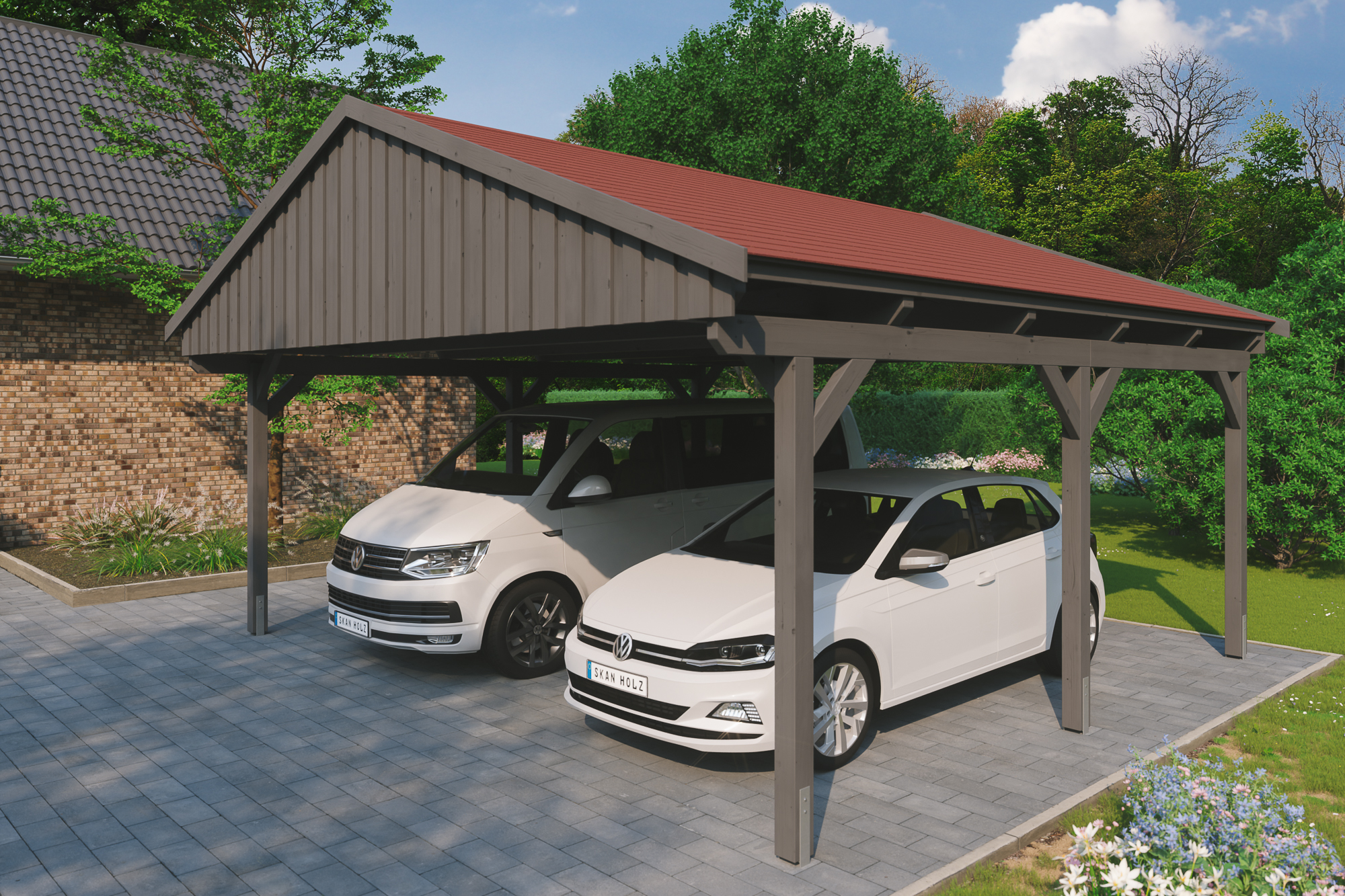 Ambientebild: Carport Fichtelberg 618 x 566 cm, farblich behandelt in schiefergrau, mit roten Dachschindeln