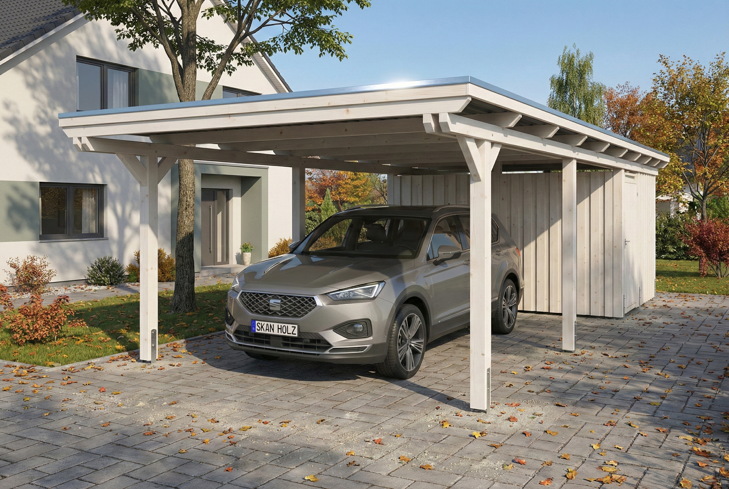 Carport Emsland 402 x 846 cm, panneaux de toit en acier avec non-tissé anti-condensation, avec remise, blanc
