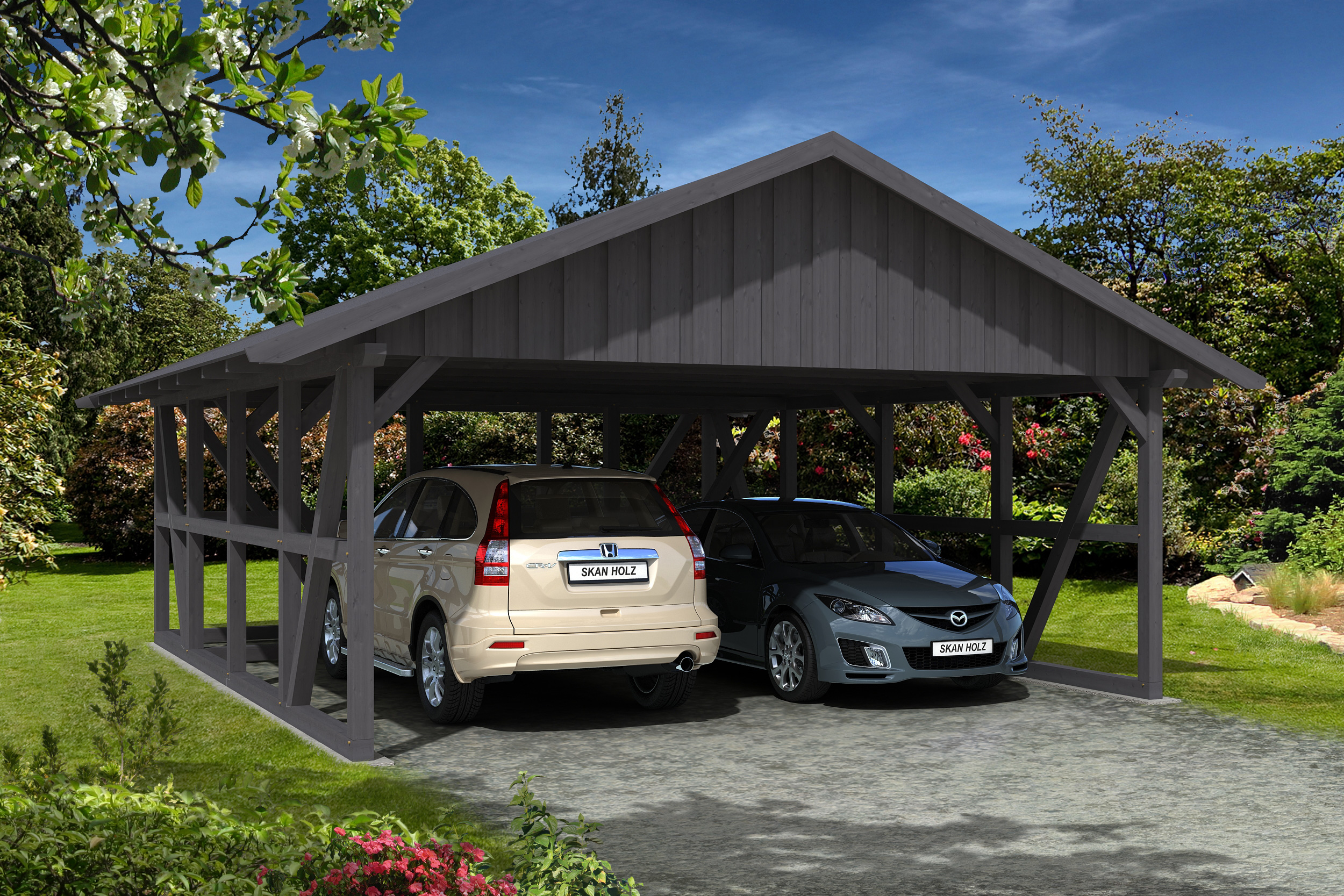 Carport Schwarzwald 684 x 772 cm, met bergruimte 560cm, met dakbetimmering, gelakt in leigrijs