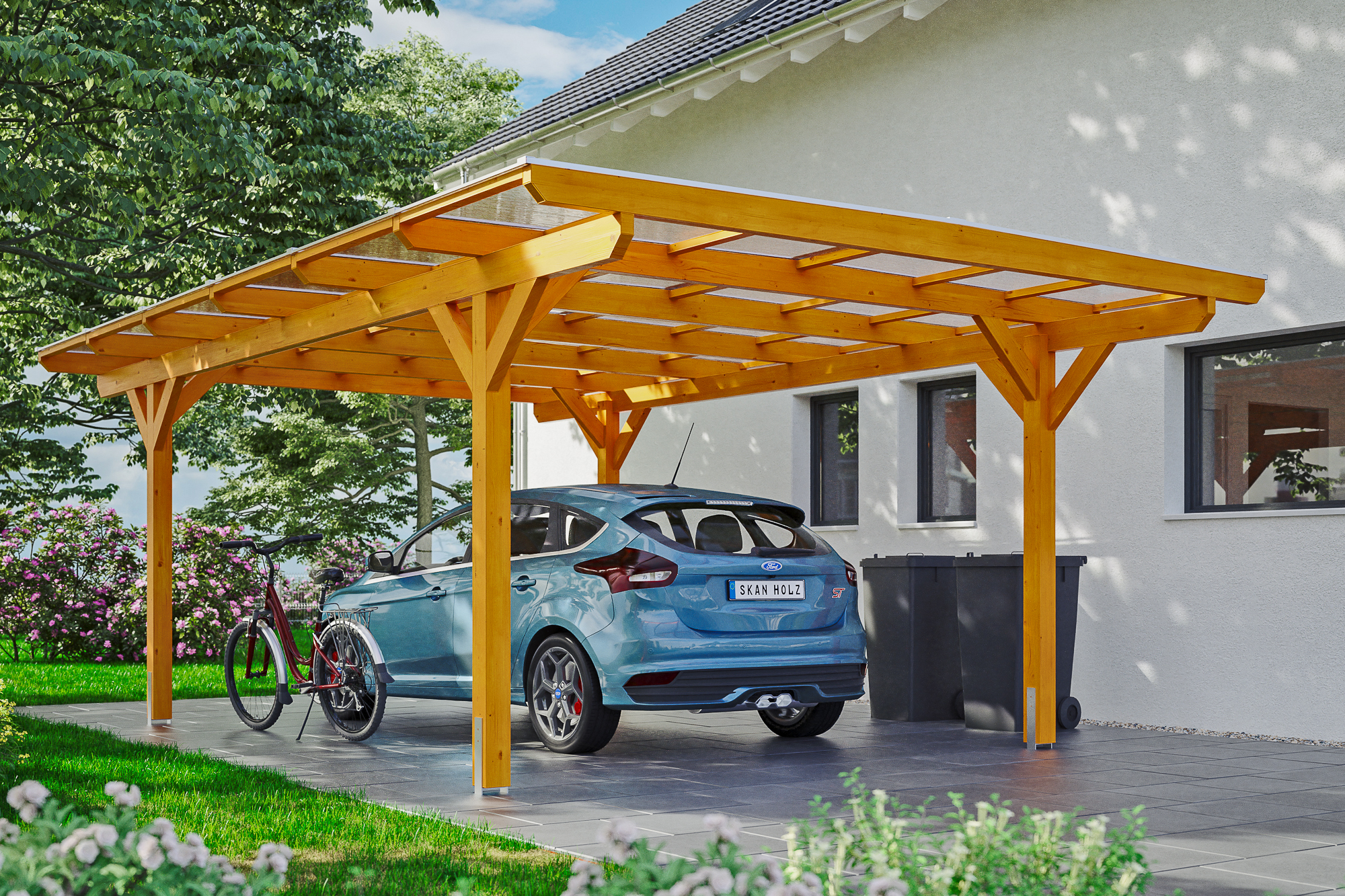Ambientebild: Carport Odenwald 428 x 648 cm, farblich behandelt in eiche hell