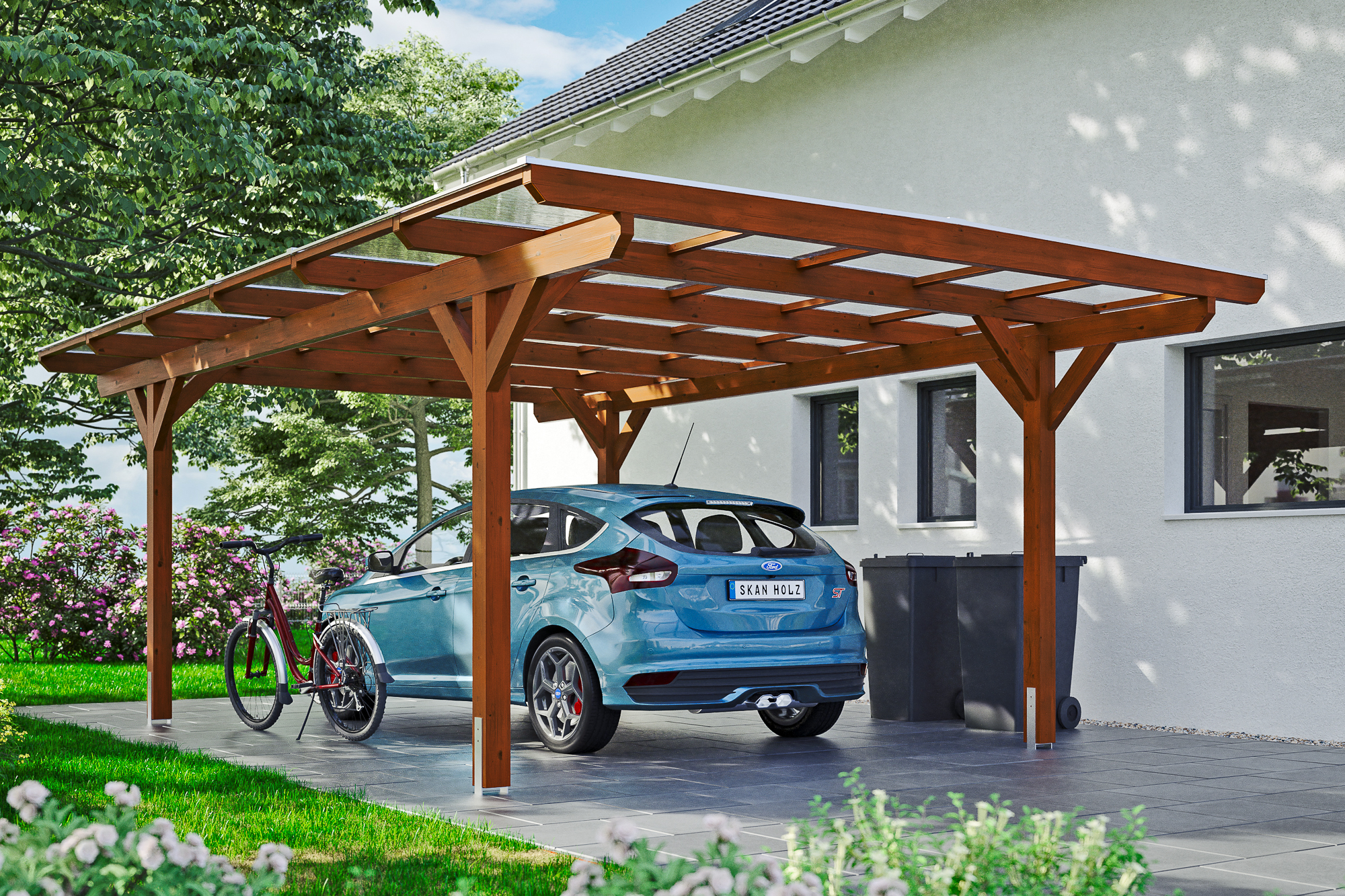 Ambientebild: Carport Odenwald 428 x 648 cm, farblich behandelt in nussbaum