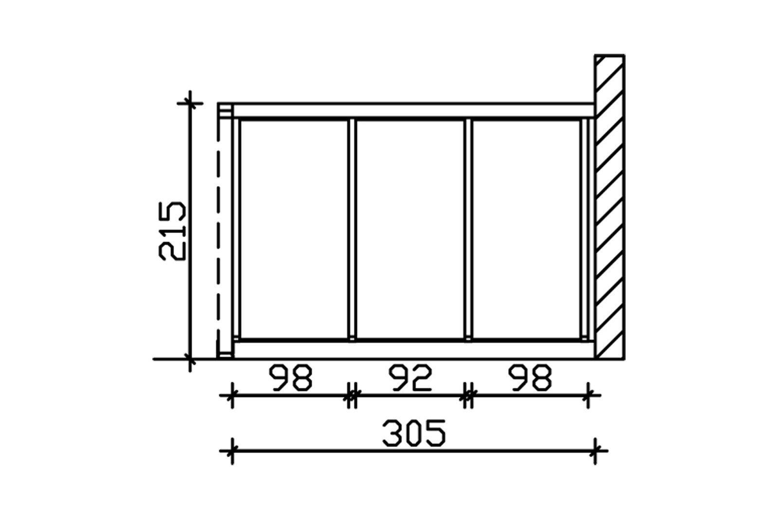 Zijwand van polycarbonaat 305 x 200 cm, voor terrasoverkapping met wandaanbouw, sparrenhout, onbehandeld