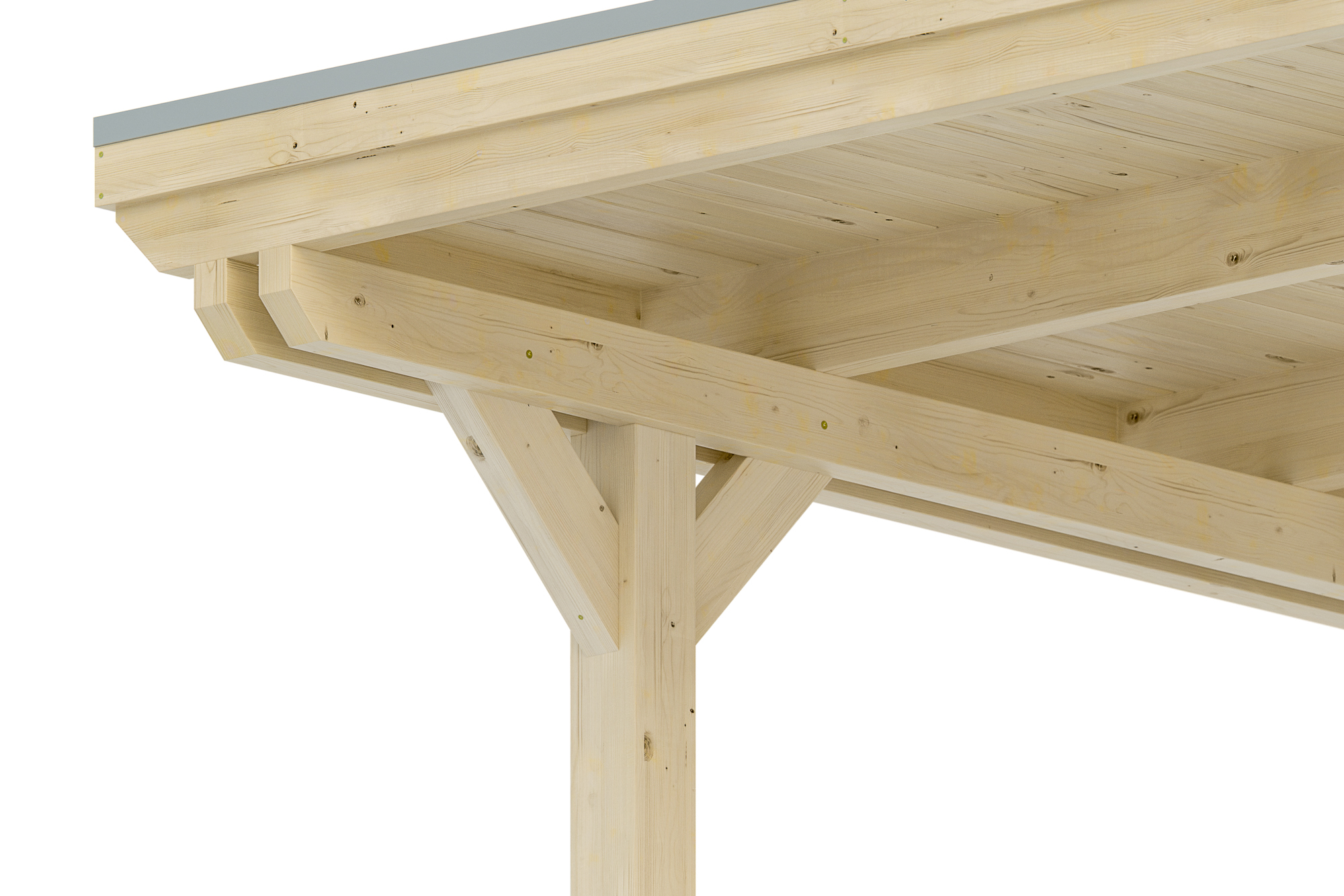 Detailbild: Konstruktion beim Carport Emsland von unten (Pfosten, Doppelpfette, Dachschalung und Blende mit Aluminiumabschlusskante)