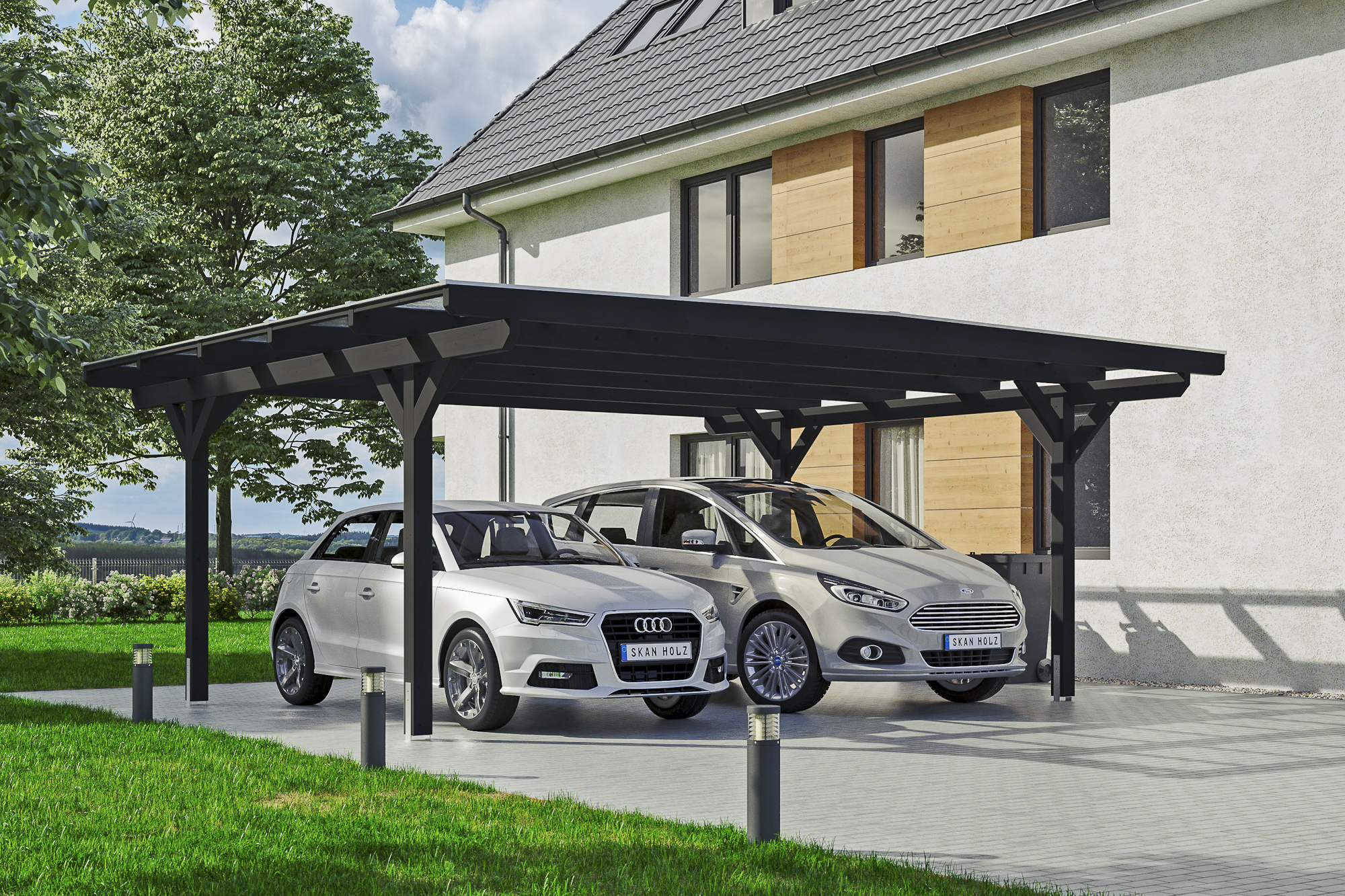 Ambientebild: Carport Odenwald 640 x 541 cm, farblich behandelt in anthrazit