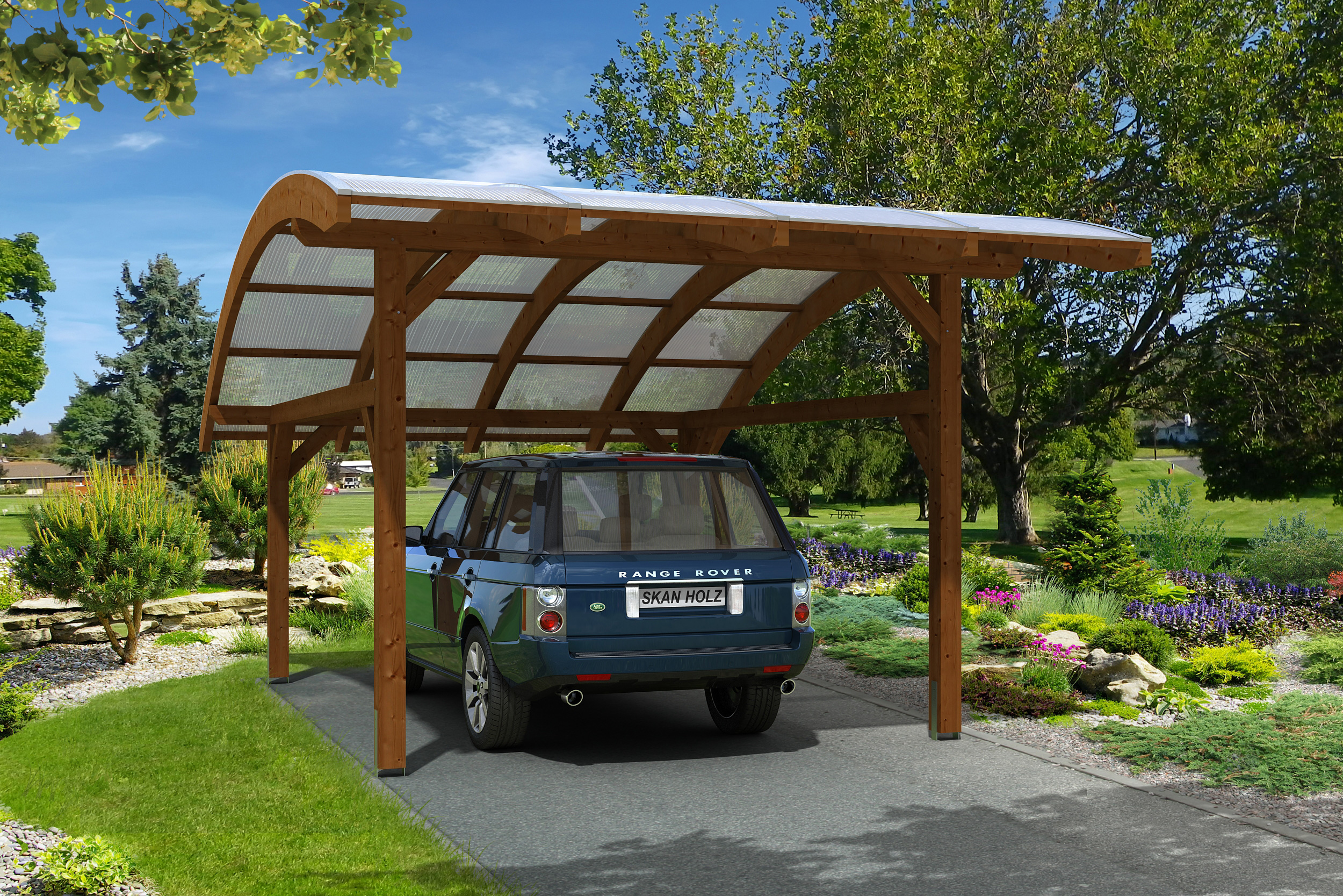 Ambientebild: Carport Schwaben 434 x 630 cm, farblich behandelt in nussbaum
