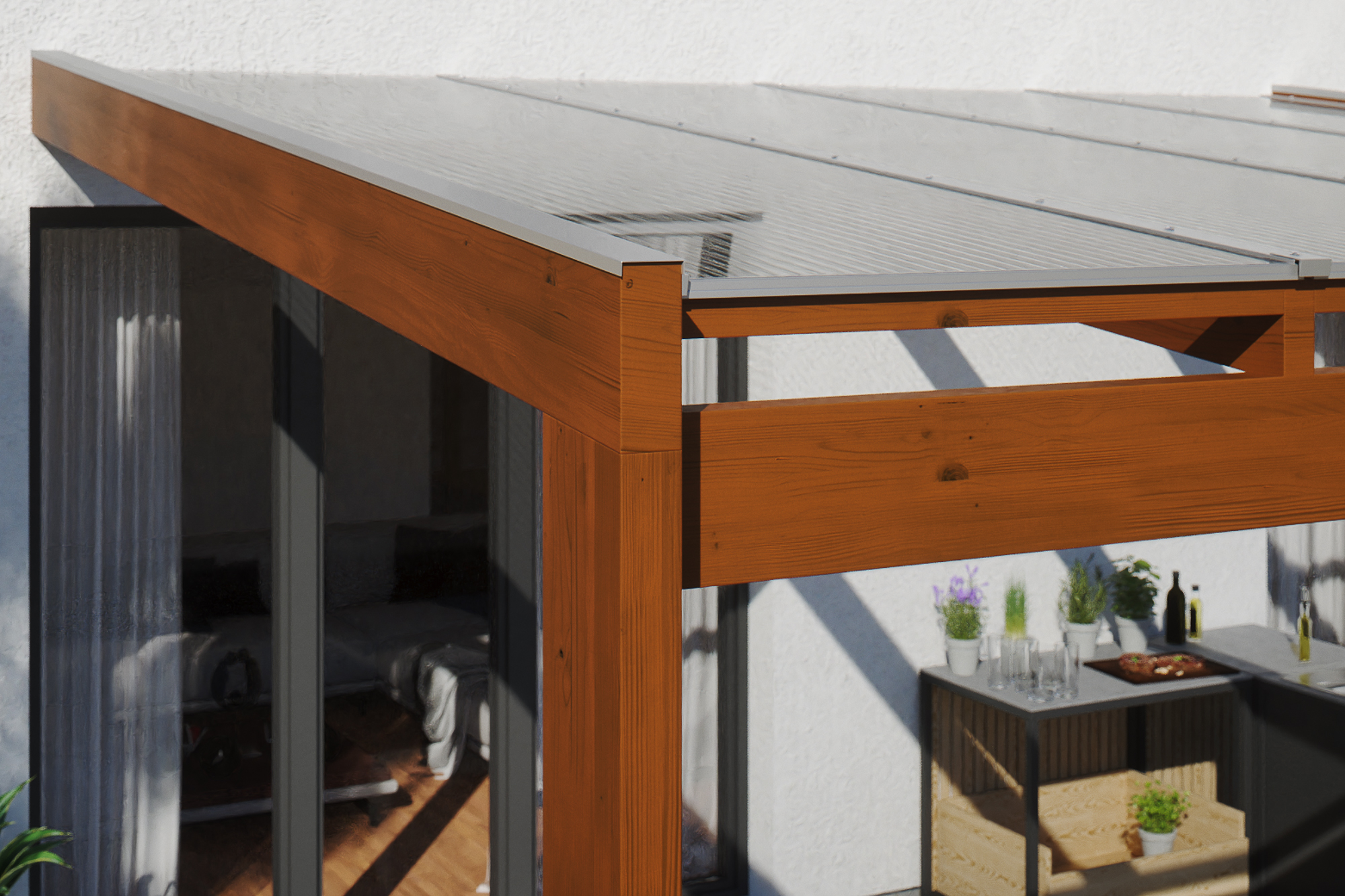 Terrasoverkapping Novara 450 x 259 cm, gelamineerd hout, gelakt in noten