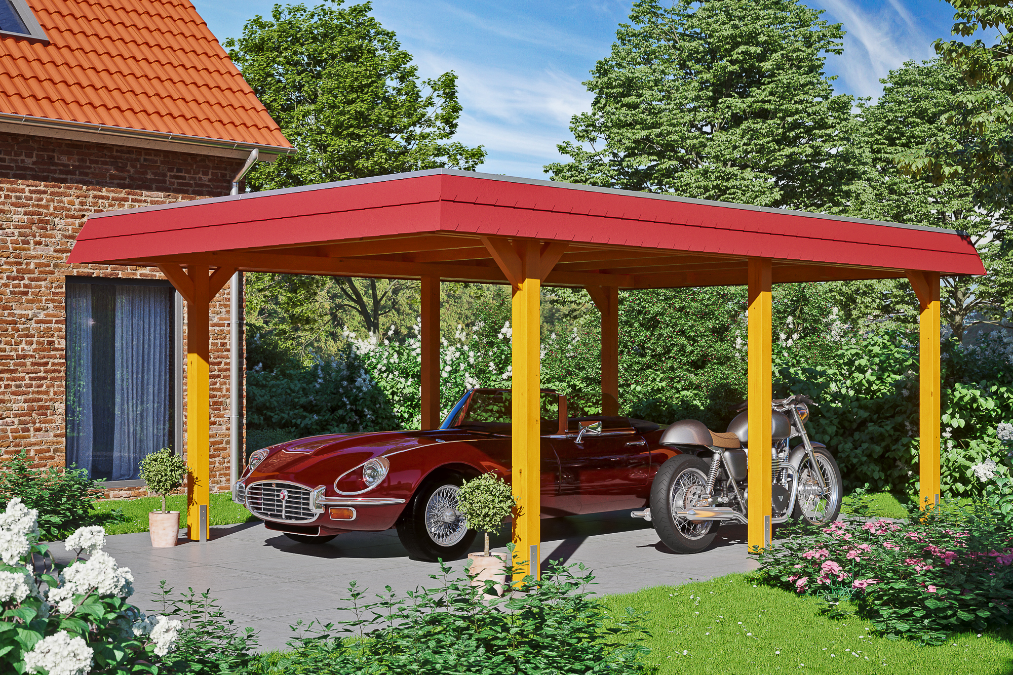 Ambientebild: Carport Wendland 409 x 628 cm, mit roter Blende, farblich behandelt in eiche hell