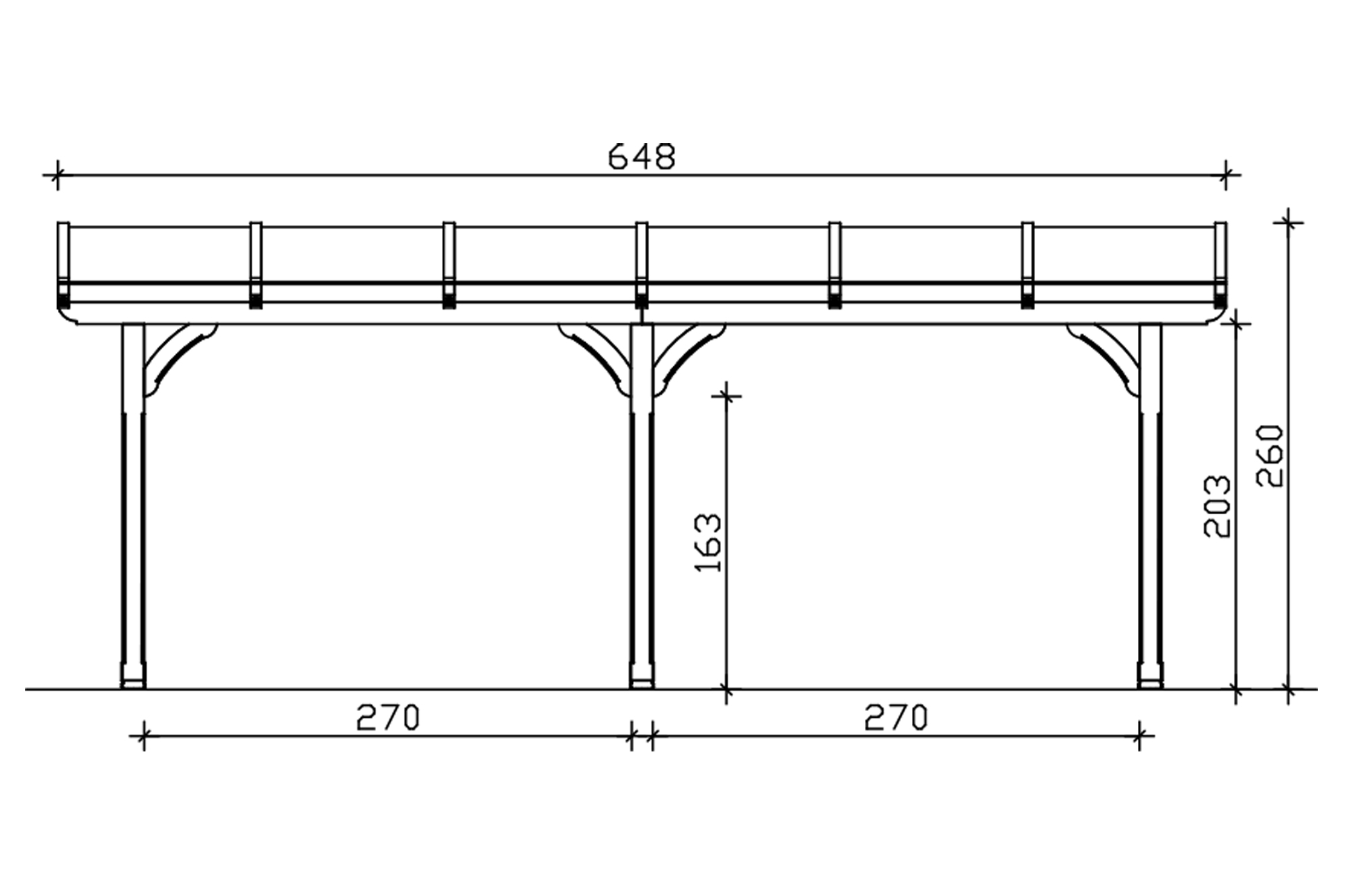 Grafik (Vorderansicht): Terrassenüberdachung Rimini 648x250 cm