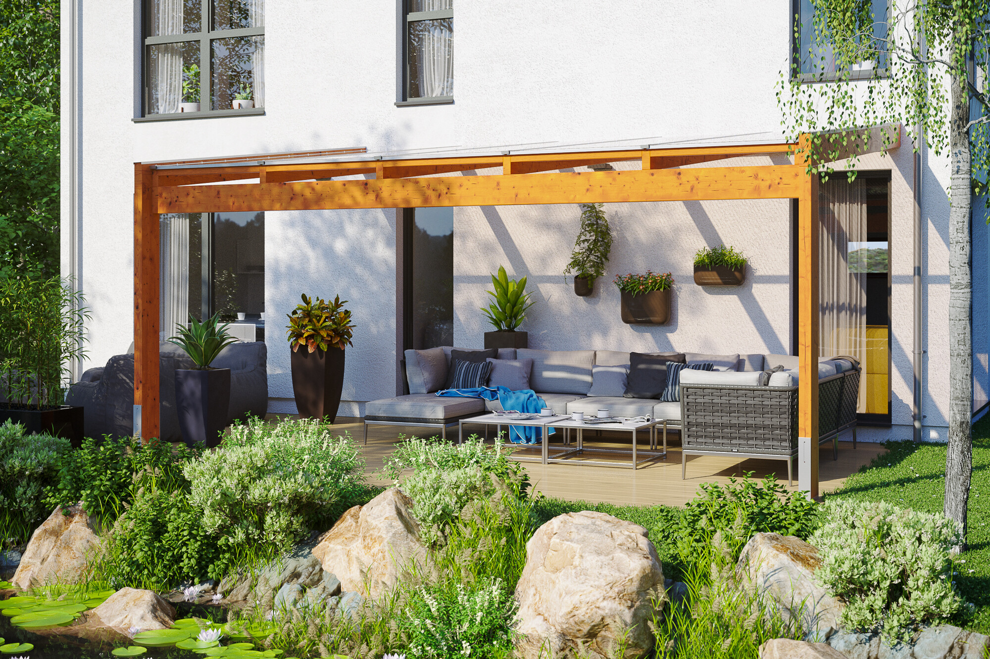 Pergola adossée NOVARA 557x309cm, bois lamellé-collé, traitement coloré chêne clair