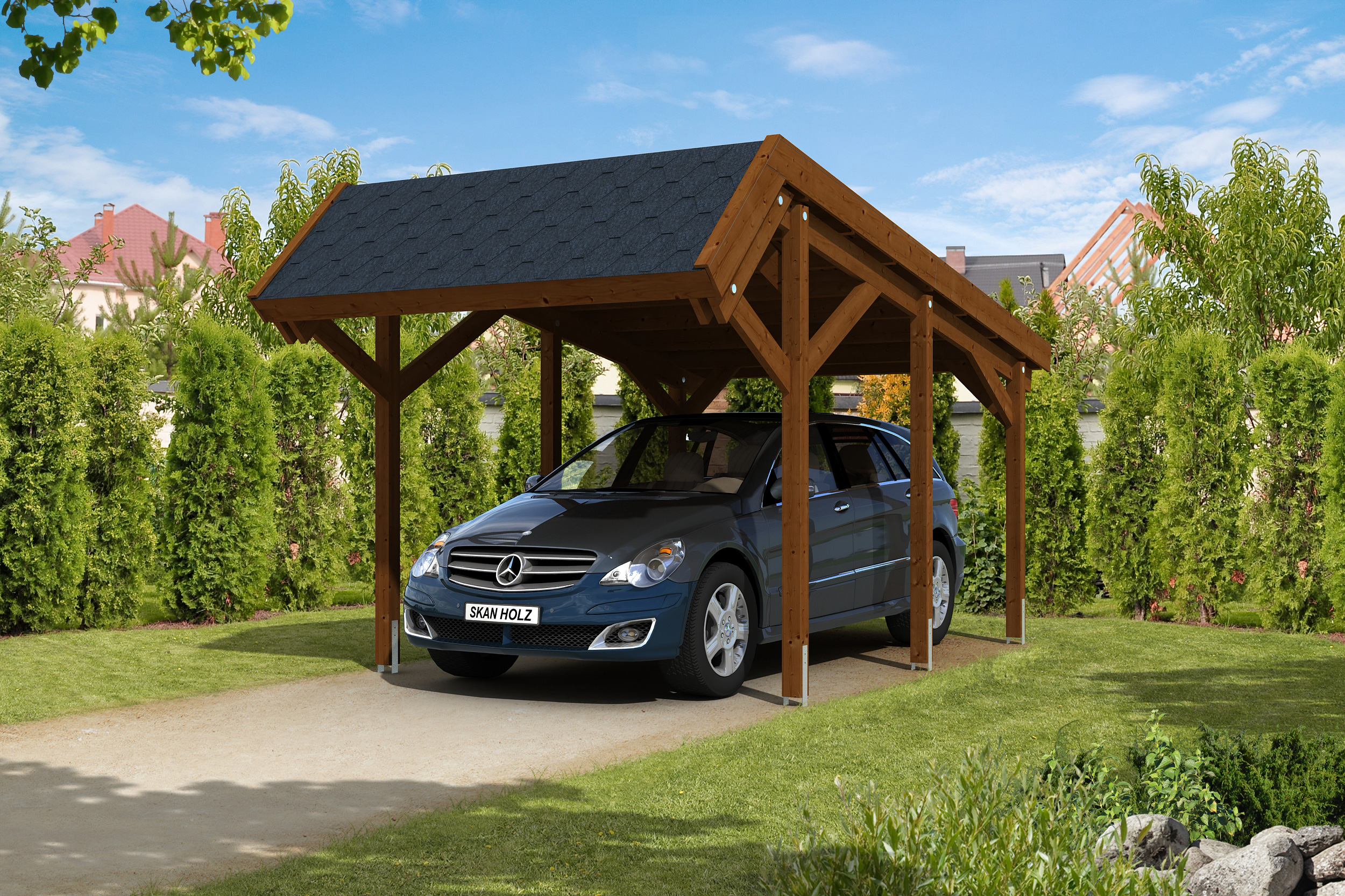 Ambientebild: Carport Harz 321 x 560 cm, farblich behandelt in nussbaum, mit schwarzen Dachschindeln