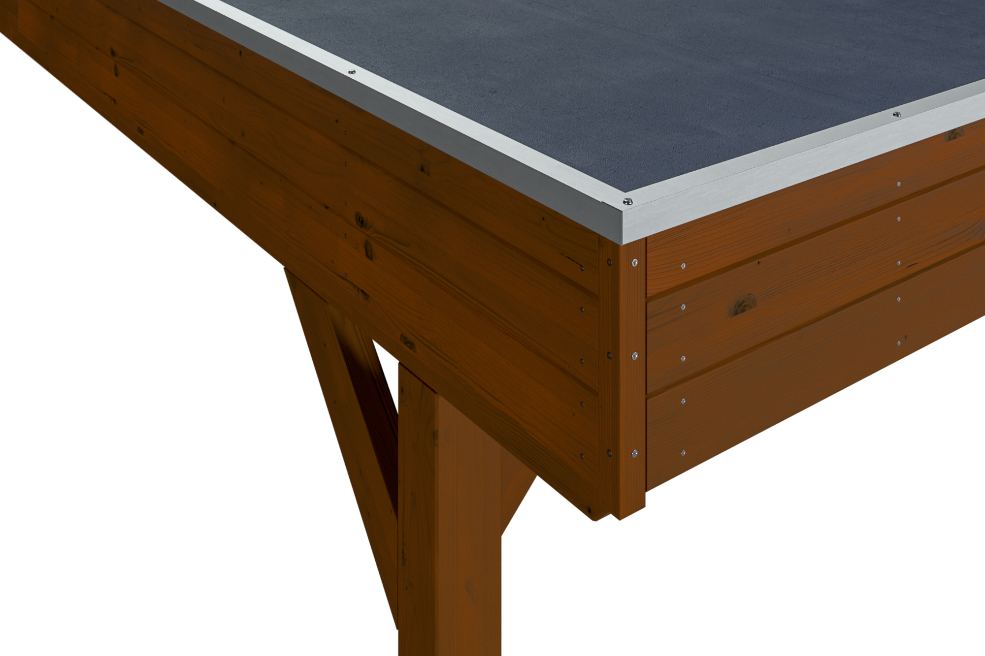 Detailbild: EPDM-Dacheindeckung und Dachblende beim Doppelcarport Grunewald, farblich behandelt in nussbaum