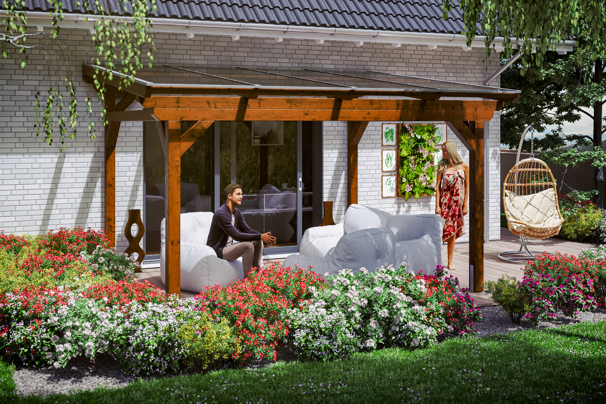 Ambientebild: Terrassenüberdachung Sanremo, Breite 434 cm, farblich behandelt in nussbaum