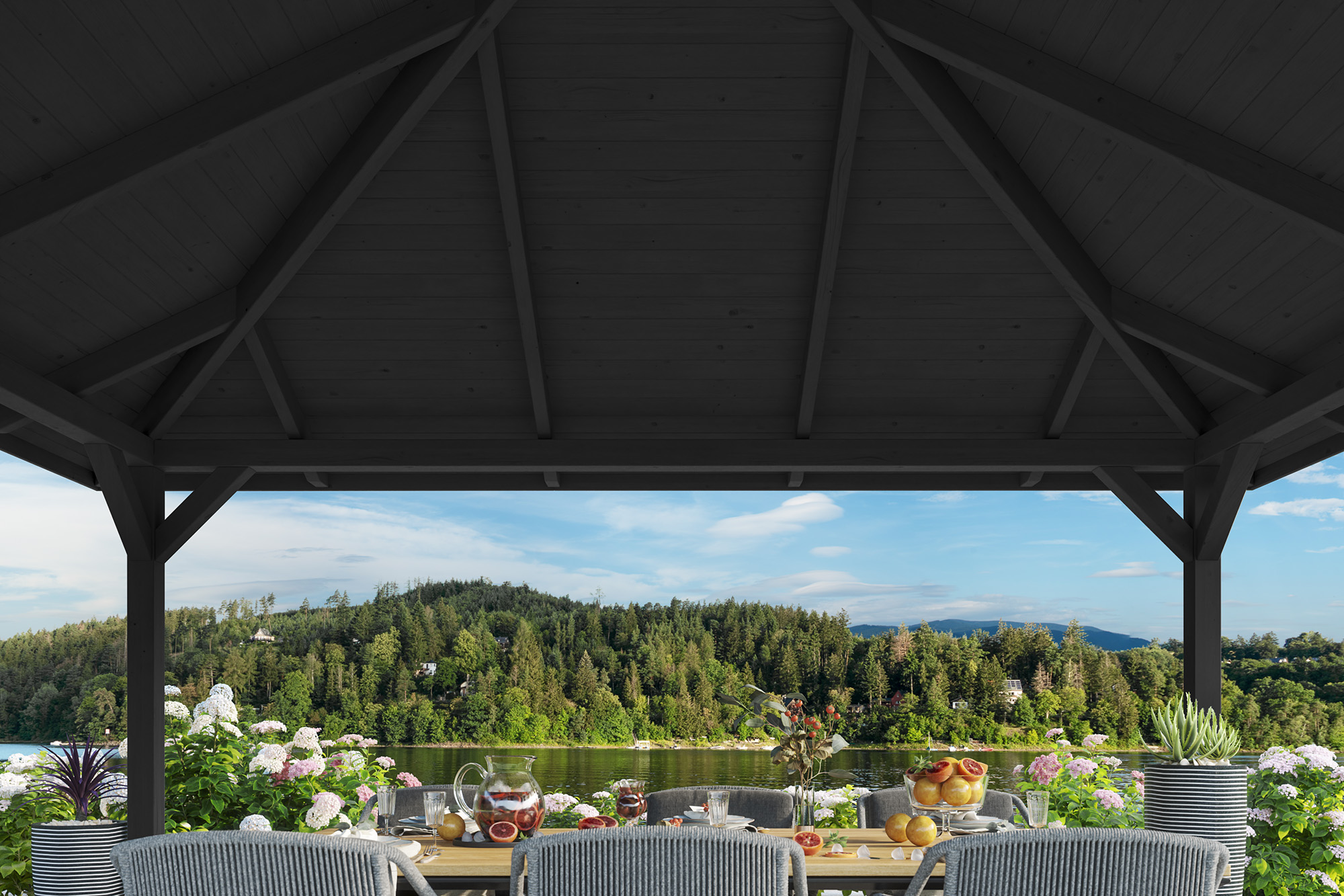 Detailbild: Innenansicht Pavillon Cannes 3, farblich behandelt in anthrazit