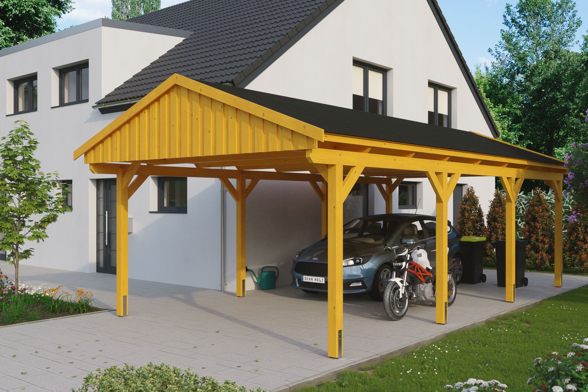 Ambientebild: Carport Fichtelberg 423 x 808 cm, farblich behandelt in eiche hell, mit schwarzen Dachschindeln