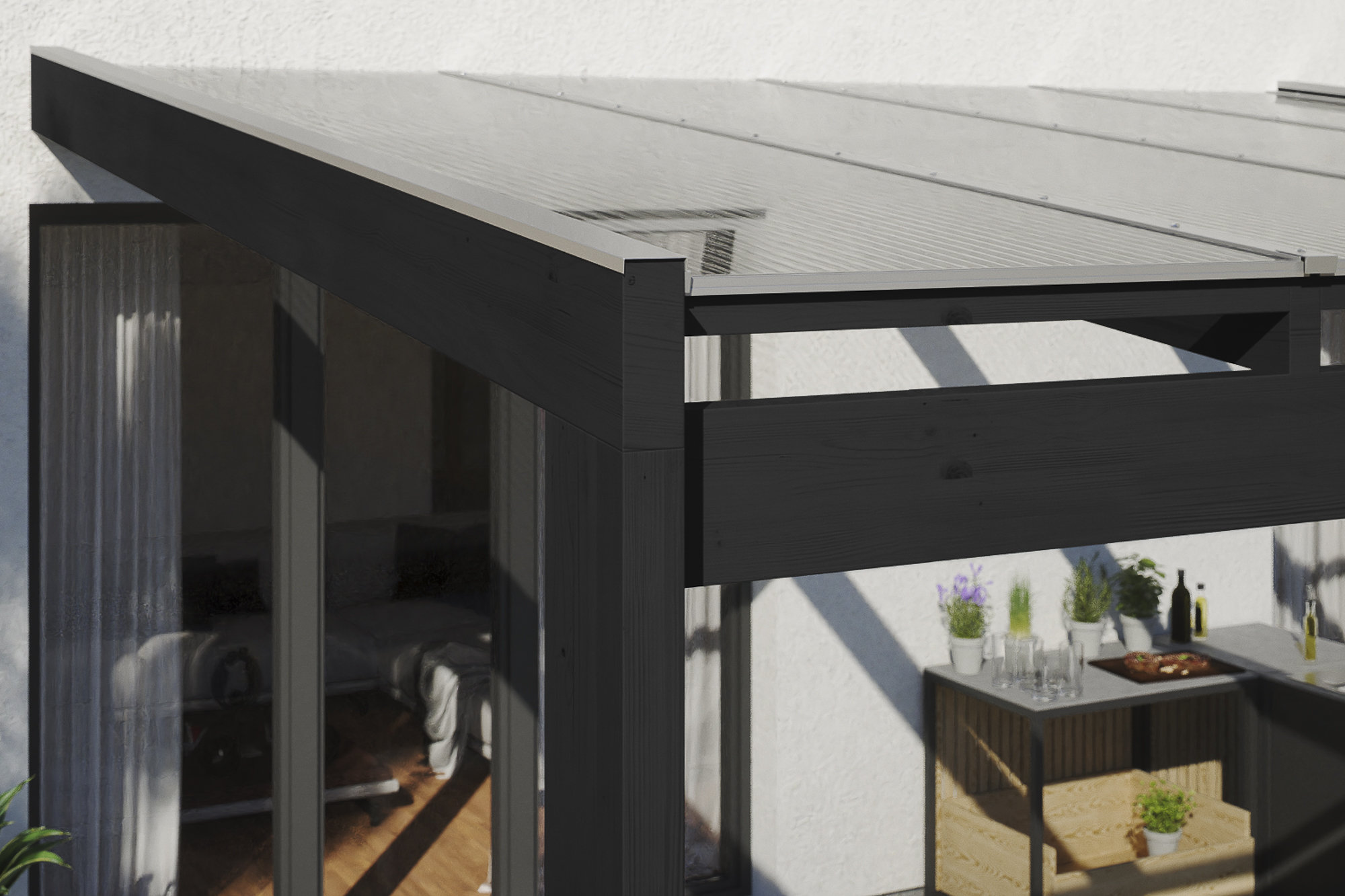 Detailbild einer Terrassenüberdachung Novara farblich behandelt in anthrazit mit Blick seitlich auf das Dach