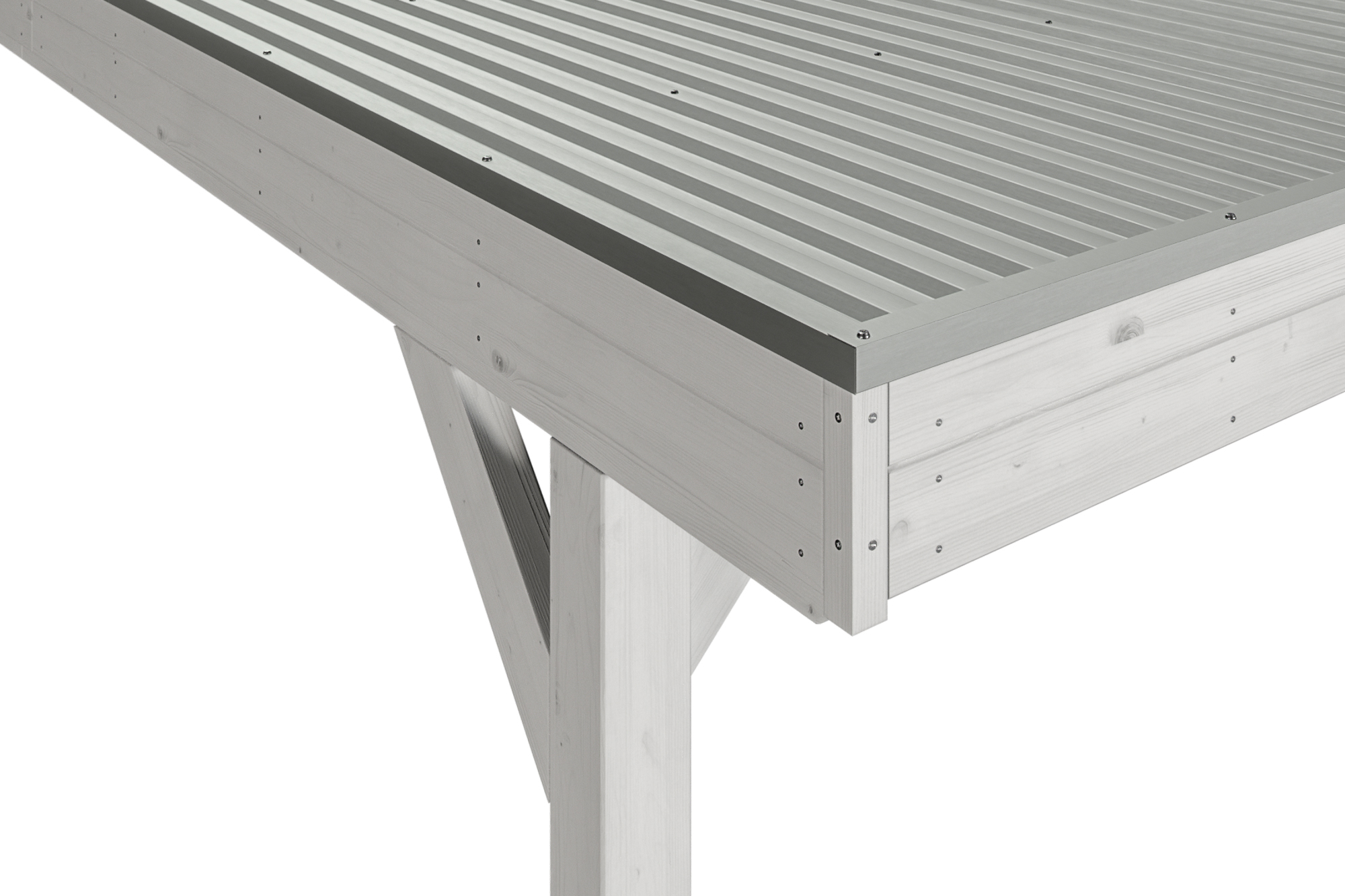 Detailbild: Aluminiumdachplatten und Dachblende beim Einzelcarport Grunewald, farblich behandelt in weiß