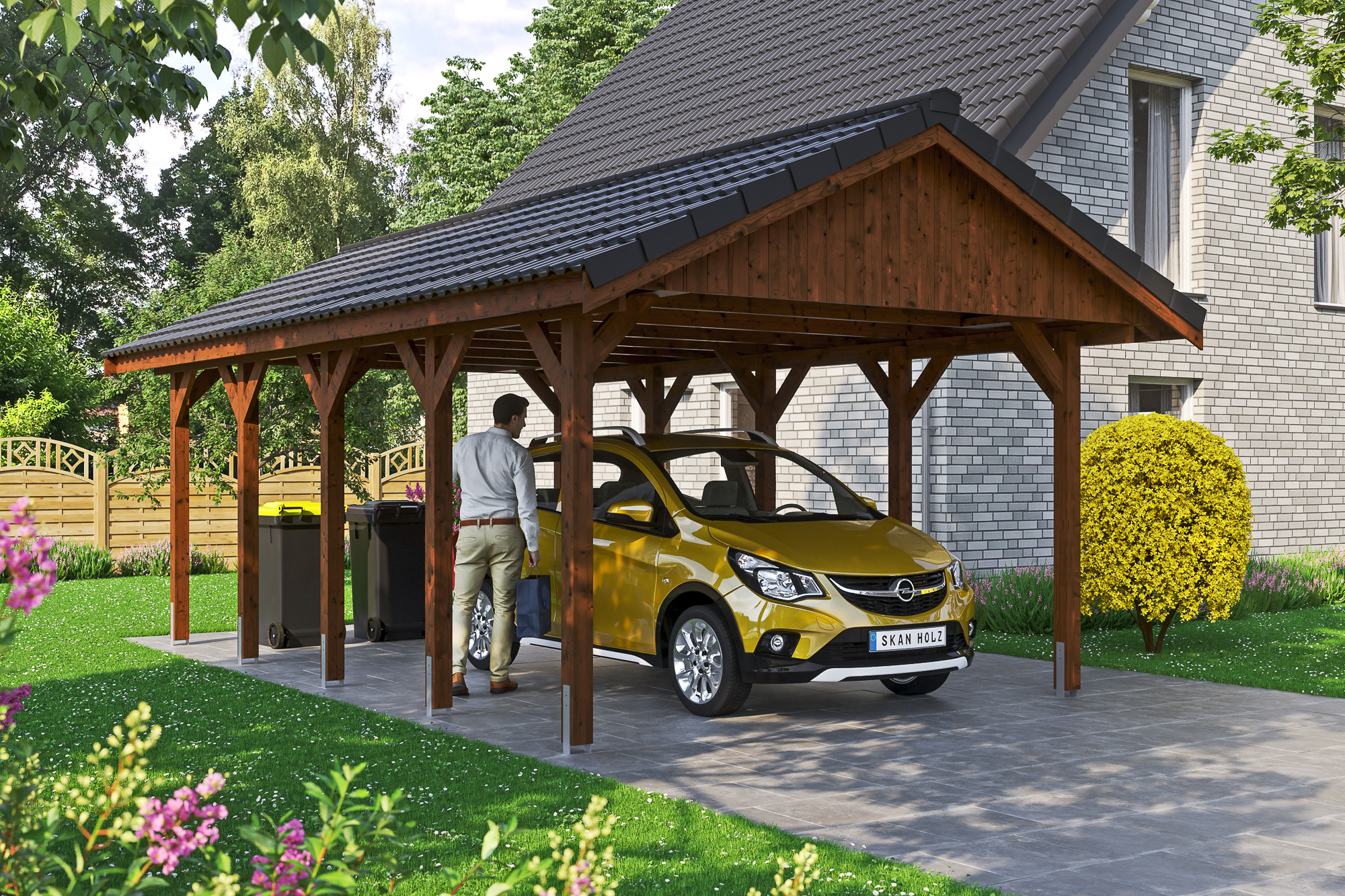 Ambientebild: Carport Wallgau 430 x 750 cm, mit Dachziegeln, farblich behandelt in nussbaum