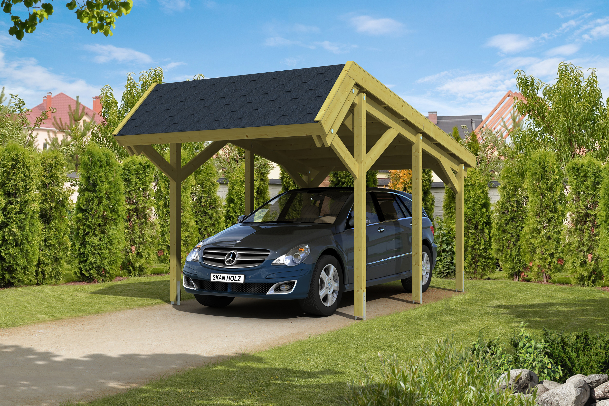 Ambientebild: Carport Harz 321 x 560 cm, mit schwarzen Dachschindeln
