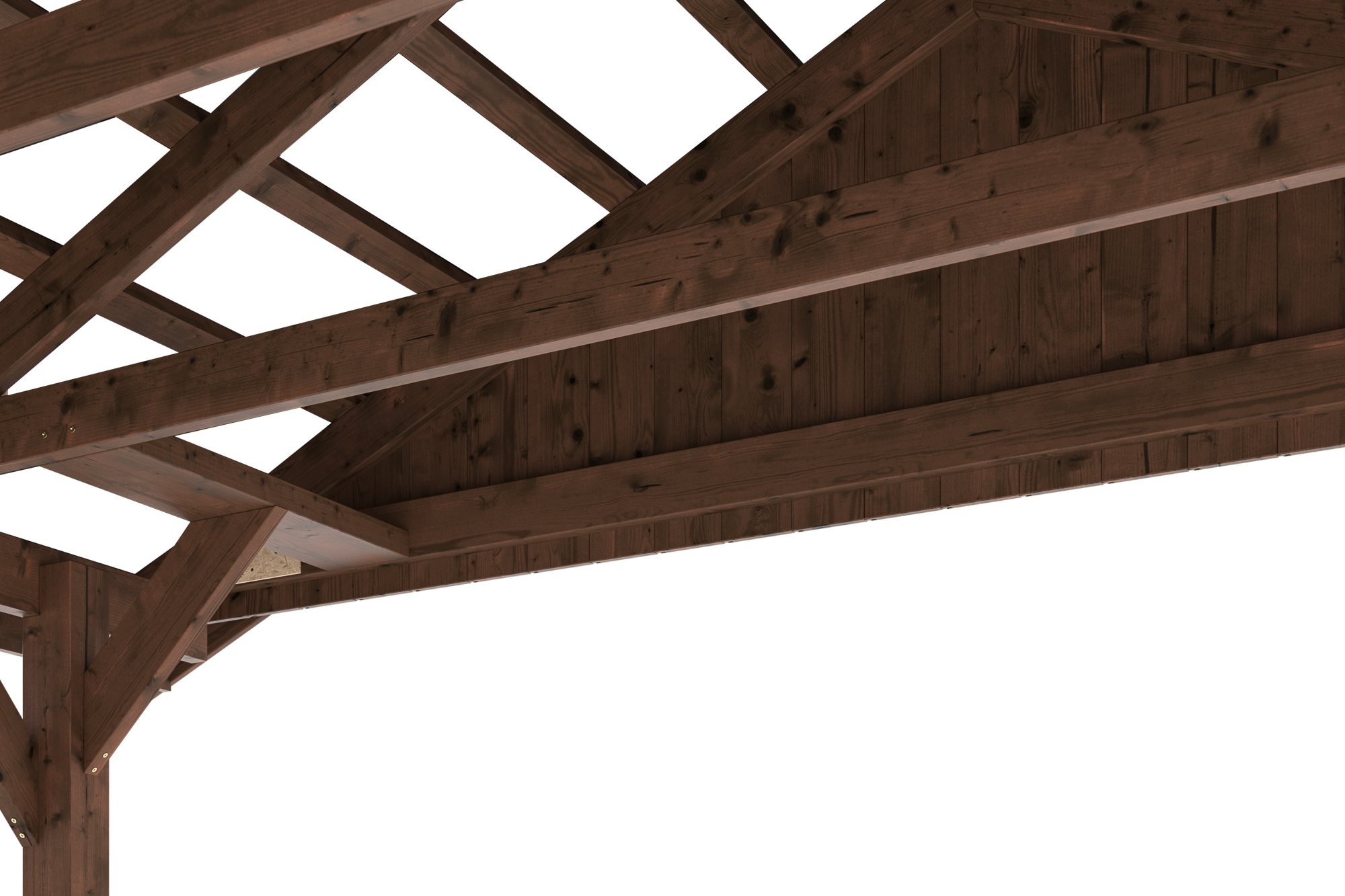 Detailbild: Dachkonstruktion von unten (Zangen, Sparren und Dachlatten, farblich behandelt in nussbaum)