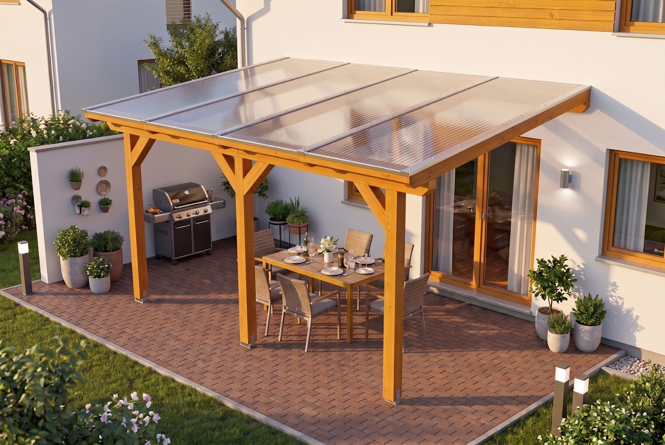Pergola adossée ANDRIA 434x250cm, bois lamellé-collé, traitement coloré chêne clair