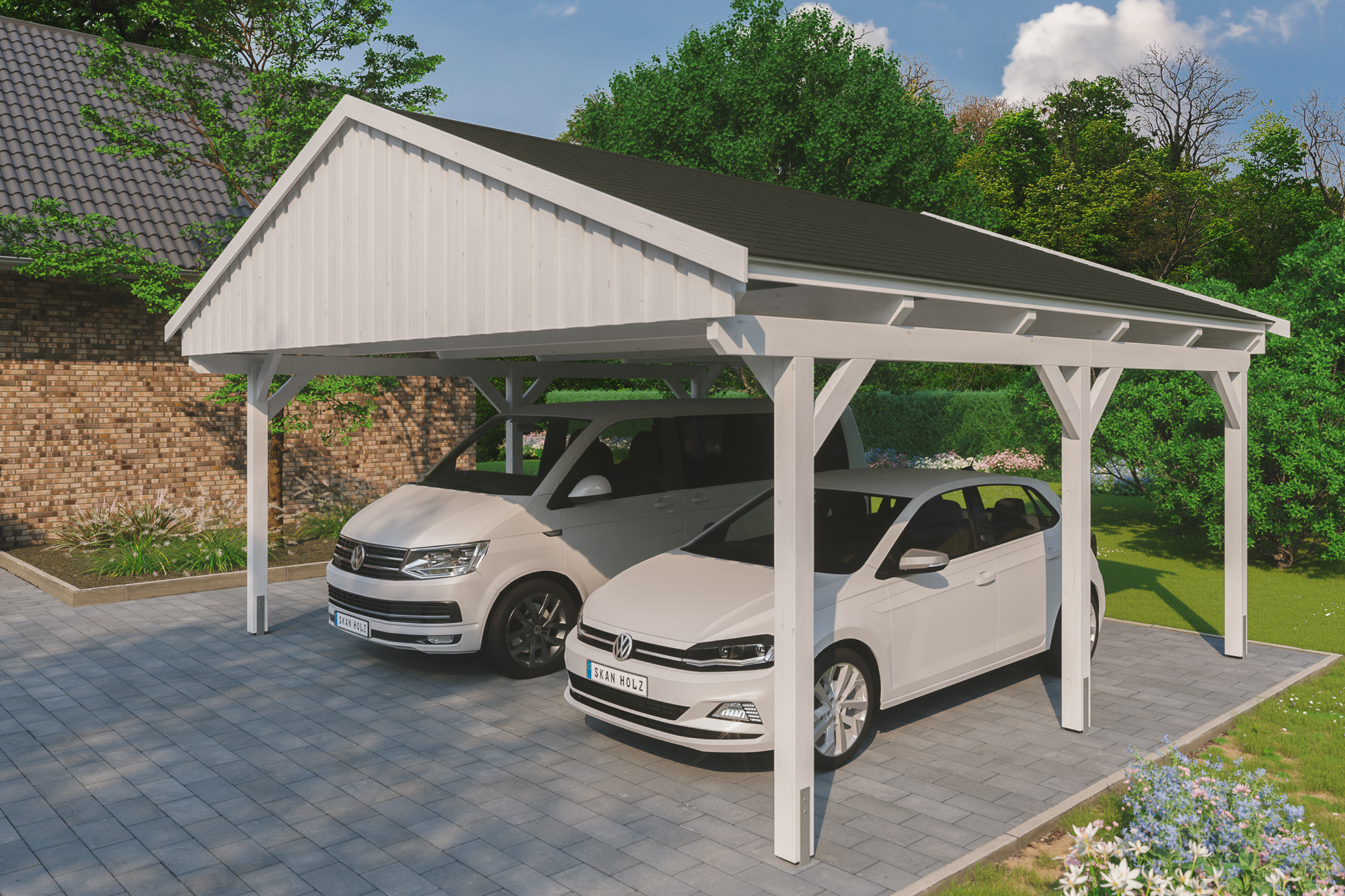 Ambientebild: Carport Fichtelberg 618 x 566 cm, farblich behandelt in weiß, mit schwarzen Dachschindeln