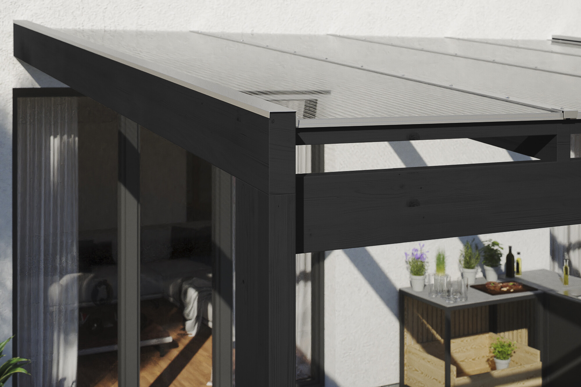 Pergola adossée NOVARA 557x259cm, bois lamellé-collé, traitement coloré anthracite
